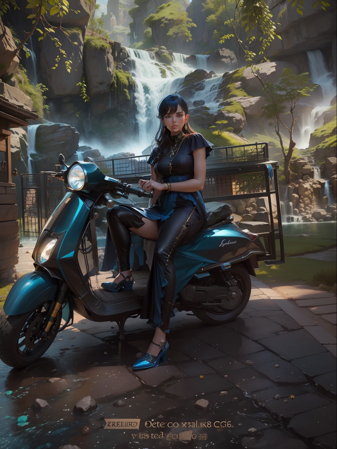 Big Waterfall and rocks background, Realistic face, beutiful girl, blue and black dress, blue earrings, 8k ultra realistic