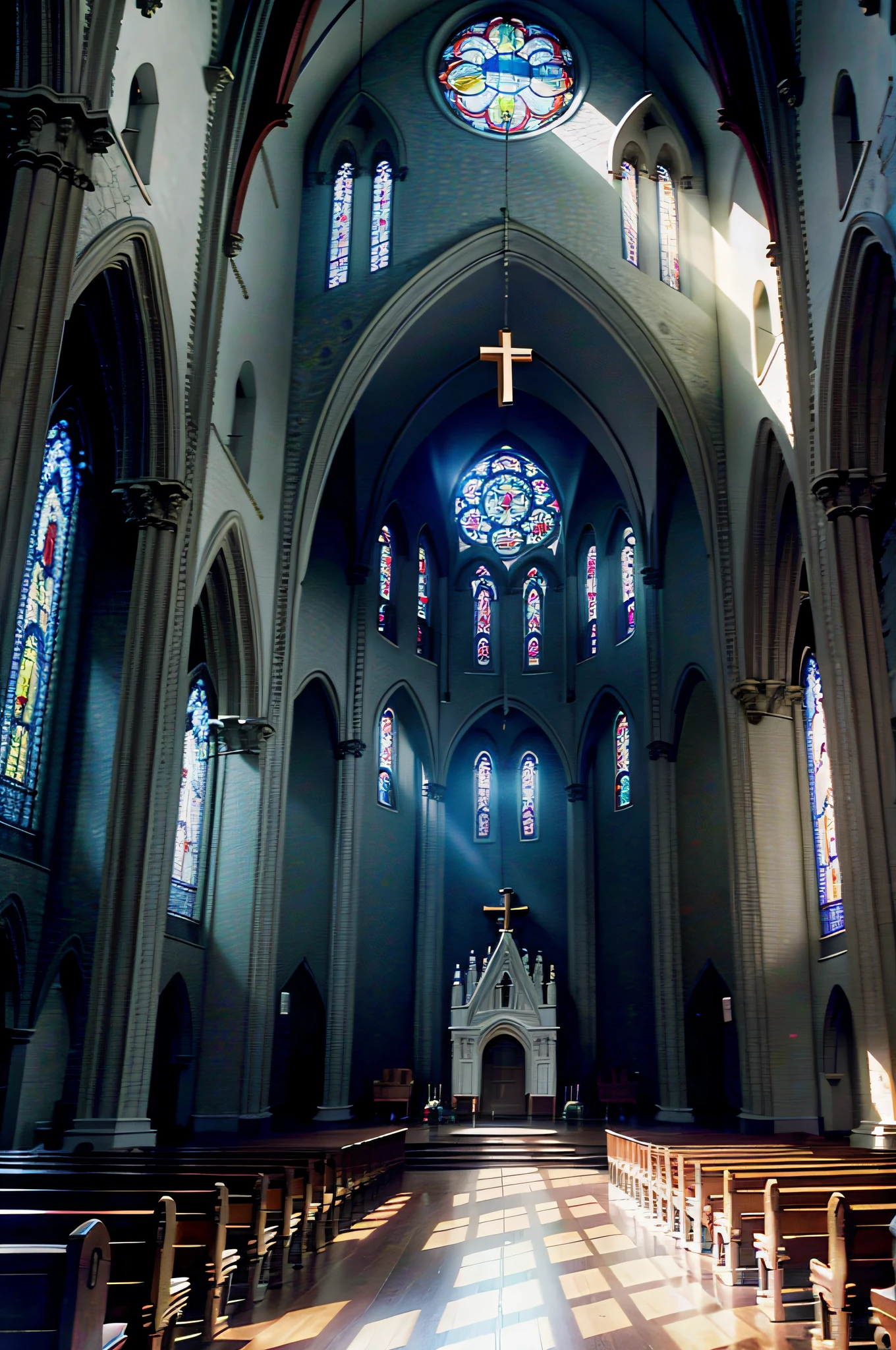 Beautiful gloomy church, colored stained-glass windows, A large cross hangs from the ceiling, A bright, thin beam of sunlight falls on the floor
