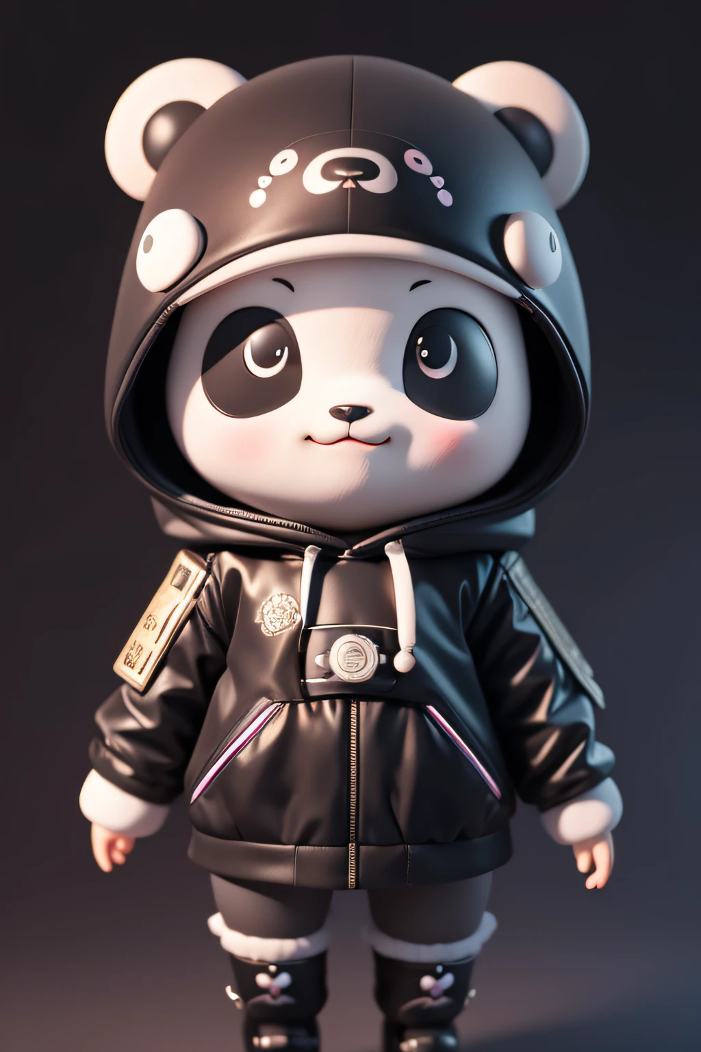((4K、masterpiece、top-quality))、animesque、Black background、cyberpunked、Near future、Cute panda in hood、Tiere、独奏、cute panda、A smile、is standing、profile
