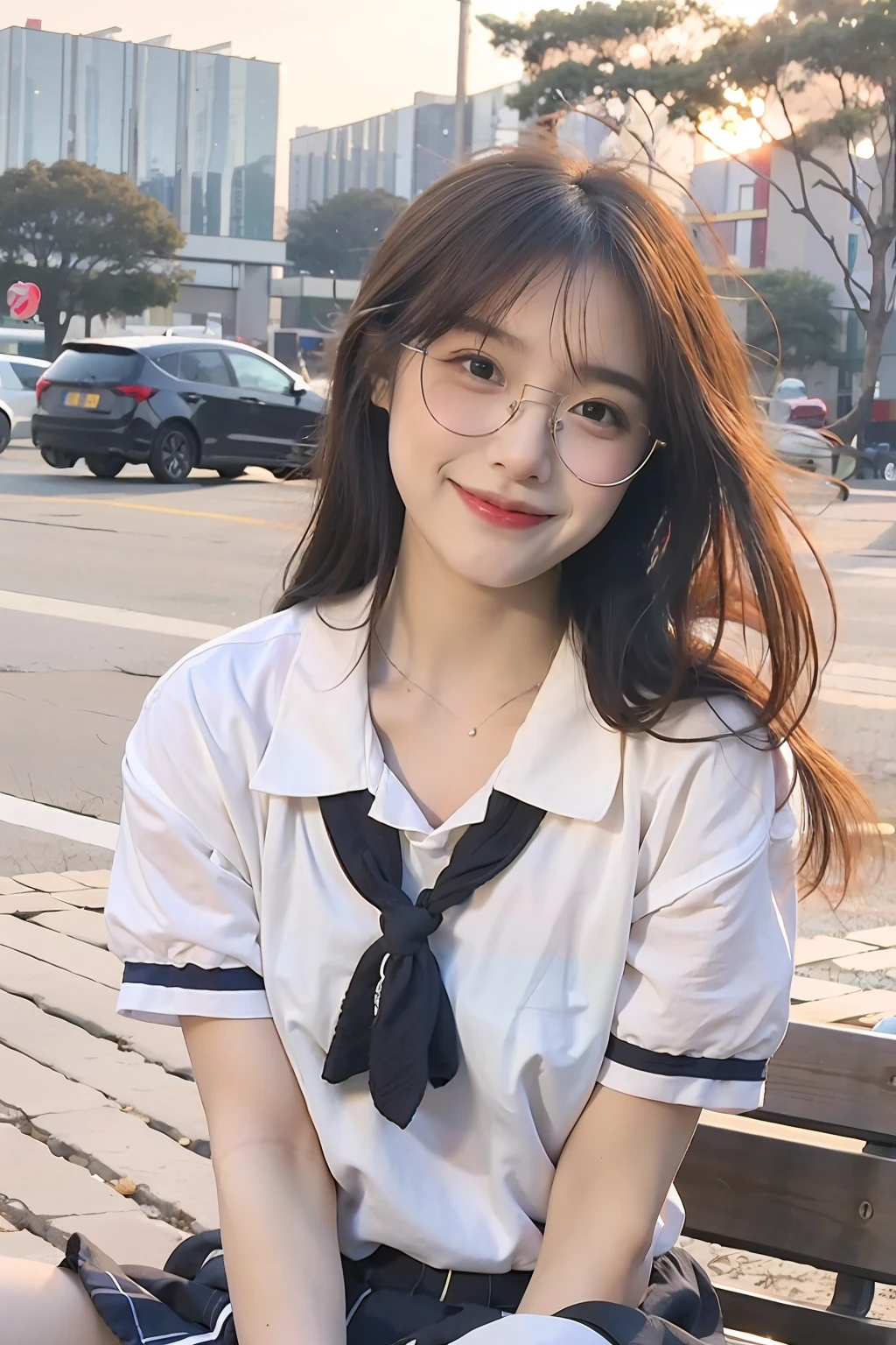 juvenile, wearing glasses, sitting on a bench, mall, seaside, raw photos, 8K, highest quality, super high resolution, beautiful face details, real human skin, gentle expression, realistic, cute, short skirt, looking at the camera, cute schoolgirl, summer japanese school uniform, sailor suit, light and thin, short sleeves, surreal high school girl, first love face, light makeup, seduction, full body, center of gravity backwards, grin, from behind, close-up