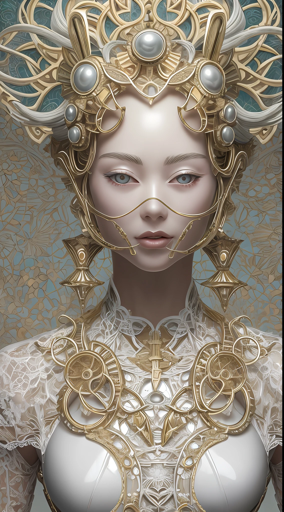 best qualtiy，tmasterpiece，超高分辨率，（realisticlying：1.4），absurderes，（Eye focus），（sface focus, Clear facial features），Complex 3D rendering of beautiful and fascinating biomechanical female porcelain figures，(((Has a porcelain finish)))、simulating、Beautiful natural light、rim-light、1 5 0 mm lens、an aztec warrior、feater、nipple piercing、Aztec tattoo、flor branca、Vanilla leaves and stems、Meandering roots、white blossoms、Fine-leaved lace、steampunc、Silver-gold filigree detailing、alexander mcqueen haute couture、Pearl earrings、Art Nouveau embroidery、Hexagonal network cable、Mandelbro fractal、face muscles、cable wires、micro Chip、ellegance、Beautiful natural light, Studio lights, rim-light, The is very detailed, ultra-realistic realism, Sharp, rendering by octane, HR Giger style, Volumetriclighting, 8 k post production, God floating on fire[The discovery of wormholes leads to a new world|The cursed prince must marry the Void]，[sci-fy：fanciful：0.6]cinmatic lighting，detailedbackground，at centre，Michael Bay style，insane detailed，k hd，concept-art，number art，with dynamism，（The most beautiful art in the world：1.2），（V0id3nergy：1.3）