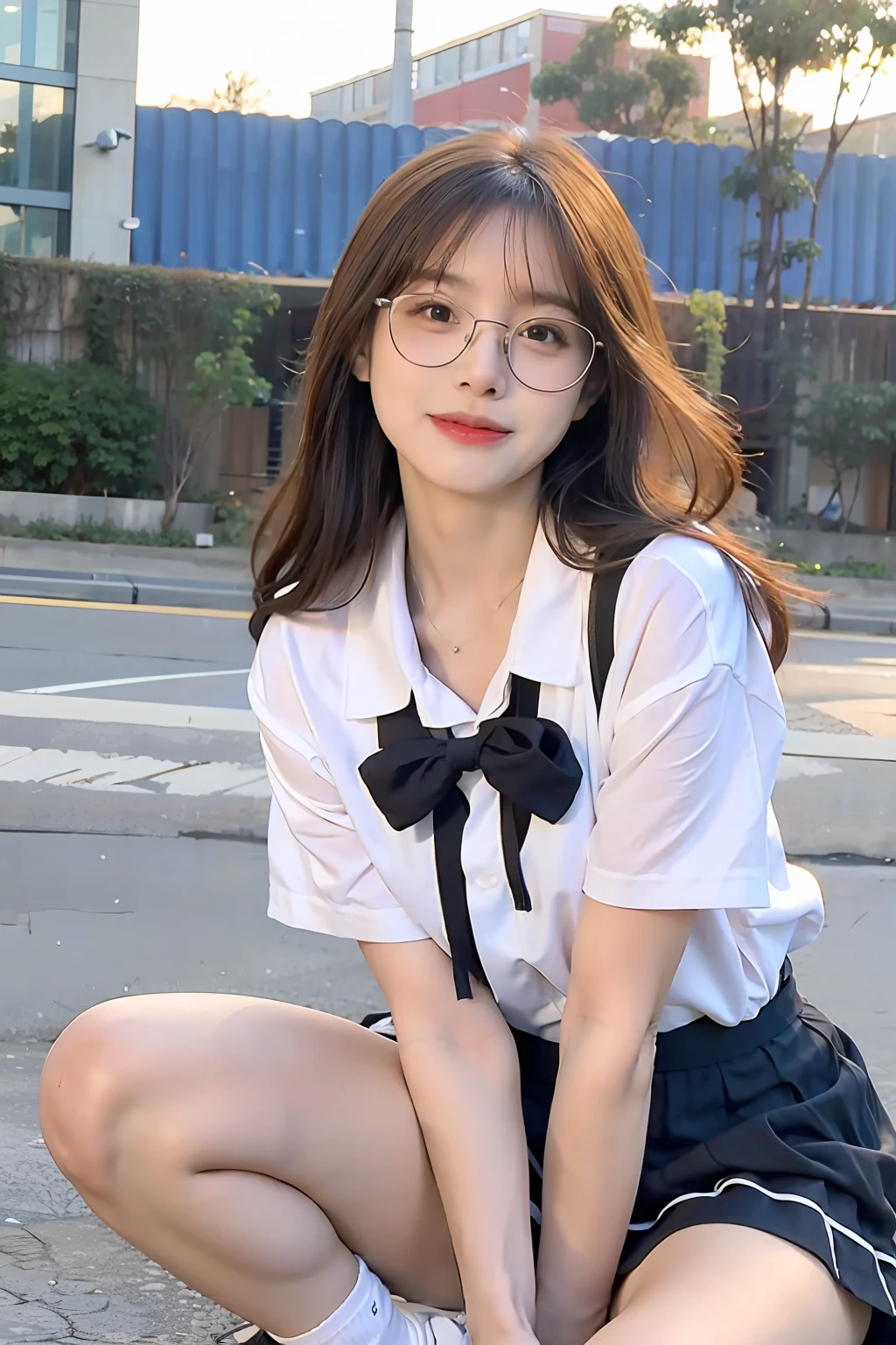 juvenile, at school, wearing glasses, raw photo, 8K, highest quality, super high resolution, beautiful face details, real human skin, gentle expression, realistic, cute, short skirt, looking at the camera, cute schoolgirl, summer japanese school uniform, sailor suit, light, short sleeves, surreal high school girl, white socks, first love face, light makeup, bare legs, sweet, seductive