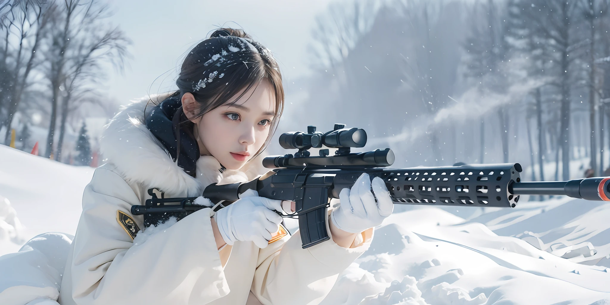 Beauty holding a sniper rifle on the snow aiming in a snow-white military uniform