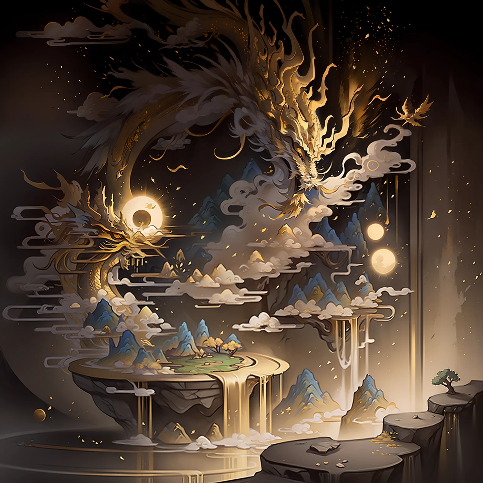 ((Wall paintings)),Yellow rock,High hills,(1 Golden Dragon,faucet),old trees,Clouds,A detailed,suns,8K quality