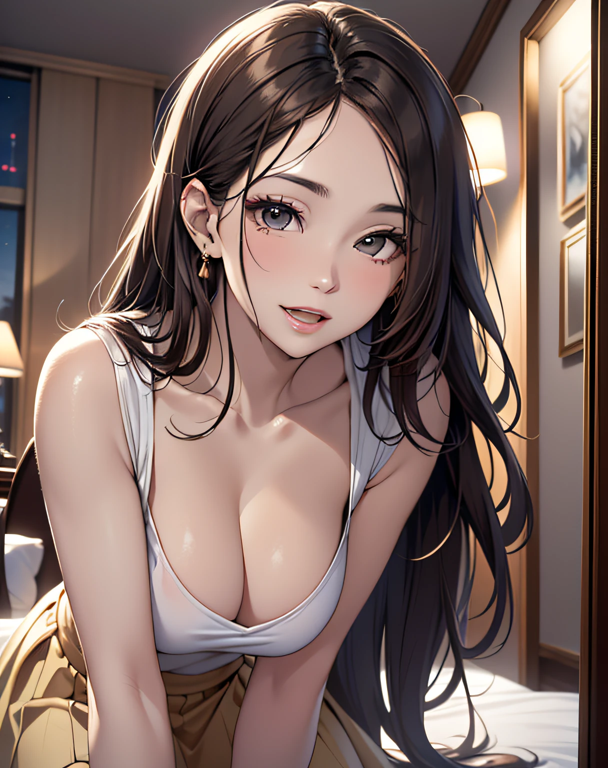 photo realistic, (8k, RAW photo, best quality, masterpiece:1.2), High detail RAW color photo, professional photograph, cowboy shot, (realistic, photo realistic:1.37),cinematic light, (finery detailed face:1.2), cowboy shot, thigh 1 girl, 18-28 years old, very cute, very beautiful, photo realistic, event companion, BREAK, white skin, real human skin, (detailed face), oval face, pores, ultra high res, BREAK, slim, (medium-large-breast:1.37, cleavage:1.37), (looking straight at viewer with a serene and goddess-like happiness:1.2), (lifter gloss, eyelashes, gloss-face, best quality, ultra highres, Broad lighting, natural shading), (beautiful thin long hair, pony-tail:1.3, brown hair),, BREAK, (detailed white T-shirt:1.3, detailed box-skirt:1.3), ((detailed golden gorgeous hotel bedroom:1.3, golden room:1.3, night room:1.5)), ((light smile, open mouth:1.5, humid, in heat, blush, seductive emotion, aroused)), ((from below:1.3, from behind:1.3, kneeling:1.3, leaning forward:1.3, all fours:1.3, top down bottom up)), blurry background, bokeh, depth of field, cowboy shot:1.3, centered image,