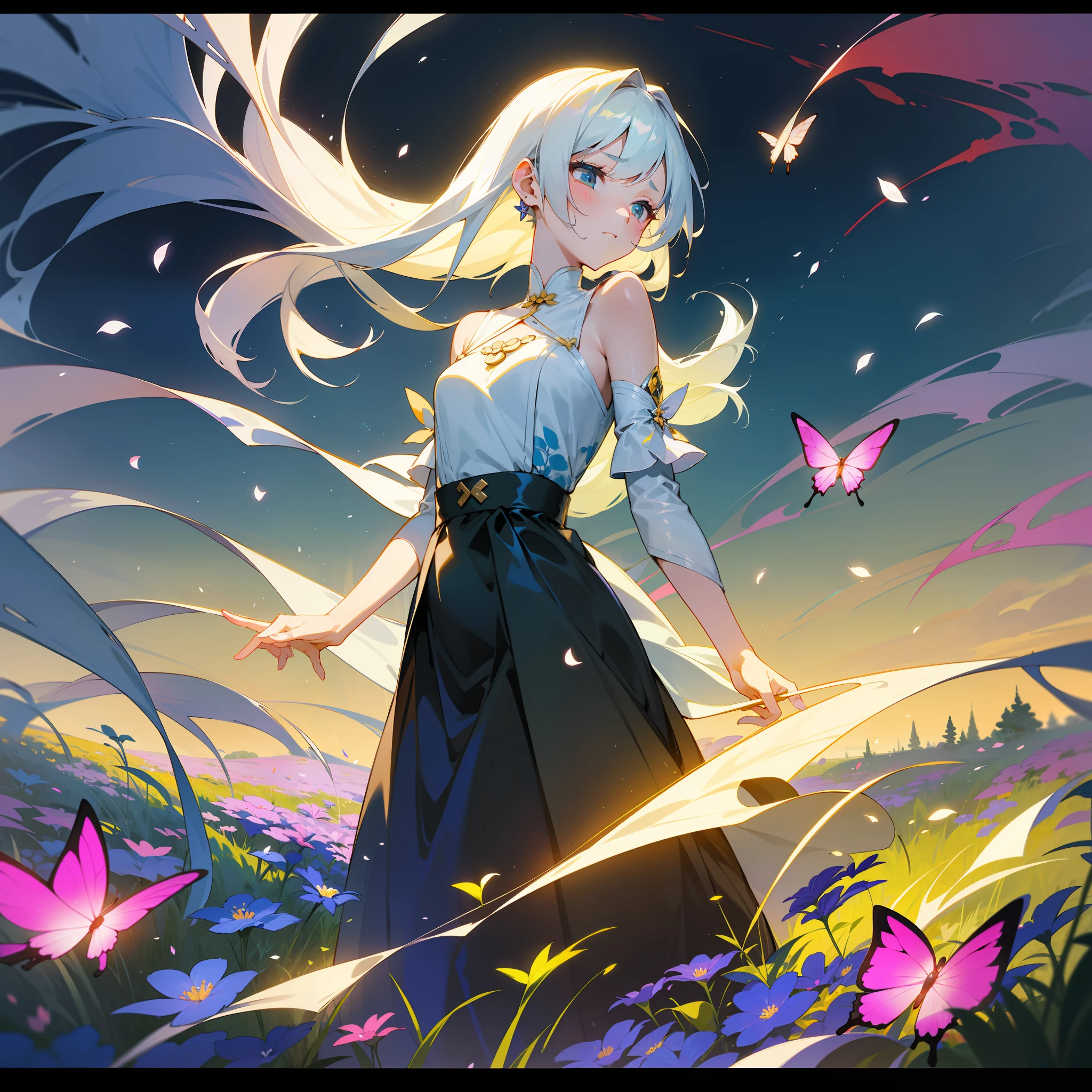 1girll, Solo, full bodyesbian, (Masterpiece:1.21), (Best quality:1.2), Colorful, (illustration:1.2), (Cinematic lighting:1.1), (Bare shoulders:1.21), (鎖骨:1.21) In this whimsical garden of fantasy，The scene is rainbowed（colorful fireflies）illuminate，dance through the air。soft（Drizzle）Decorate the garden，It creates a hazy and ethereal atmosphere。In the center of the screen，There was a single teenage girl standing，Extremely delicate girl，Lovely facial features，The expression is innocent。Her long white hair fluttered in the wind。She wore a black dress，Highlight her delicate curves。The lighting is very delicate and beautiful，Creates a soft and warm glow，Highlights the surface of the water，making it sparkle like diamonds。The finest grass is also illuminated，Create a lush carpet。The garden is surrounded by colorful fields of flowers，Flowers of all colors and shapes bloom。Various colors and sizes can be seen（Colorful butterflies）Fly around the scene，It adds to the overall sense of wonder and magic。 （Gentlemen），A flush is visible at the bridge of the nose，The mouth opened slightly，It also adds to the overall sense of innocence and youthfulness。Falling petals can be seen floating around her，It adds to the overall romance and beauty。A gentle breeze，The leaves rustle，Flowers sway，Adds to the overall dynamism and vitality。It is a scene of pure wonder and magic，Full of color and beauty，Viewers can lose themselves in this fascinating and fascinating world。
