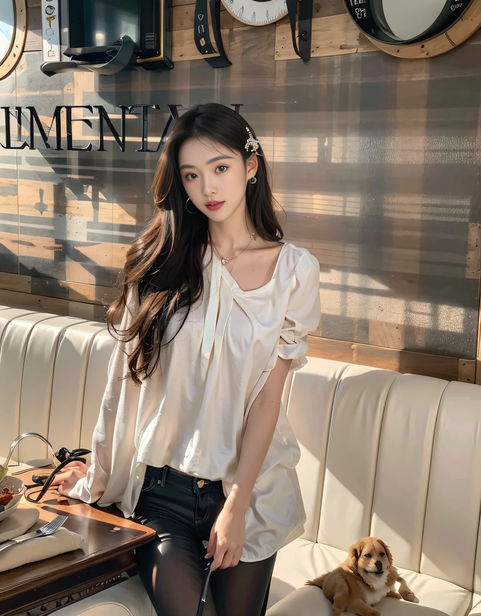 ，Masterpiece, Best quality，8K, 超高分辨率，Reallightandshadow，(beautidful eyes:1.2，looks into camera)，Beautuful Women，Summer clothing，dining room