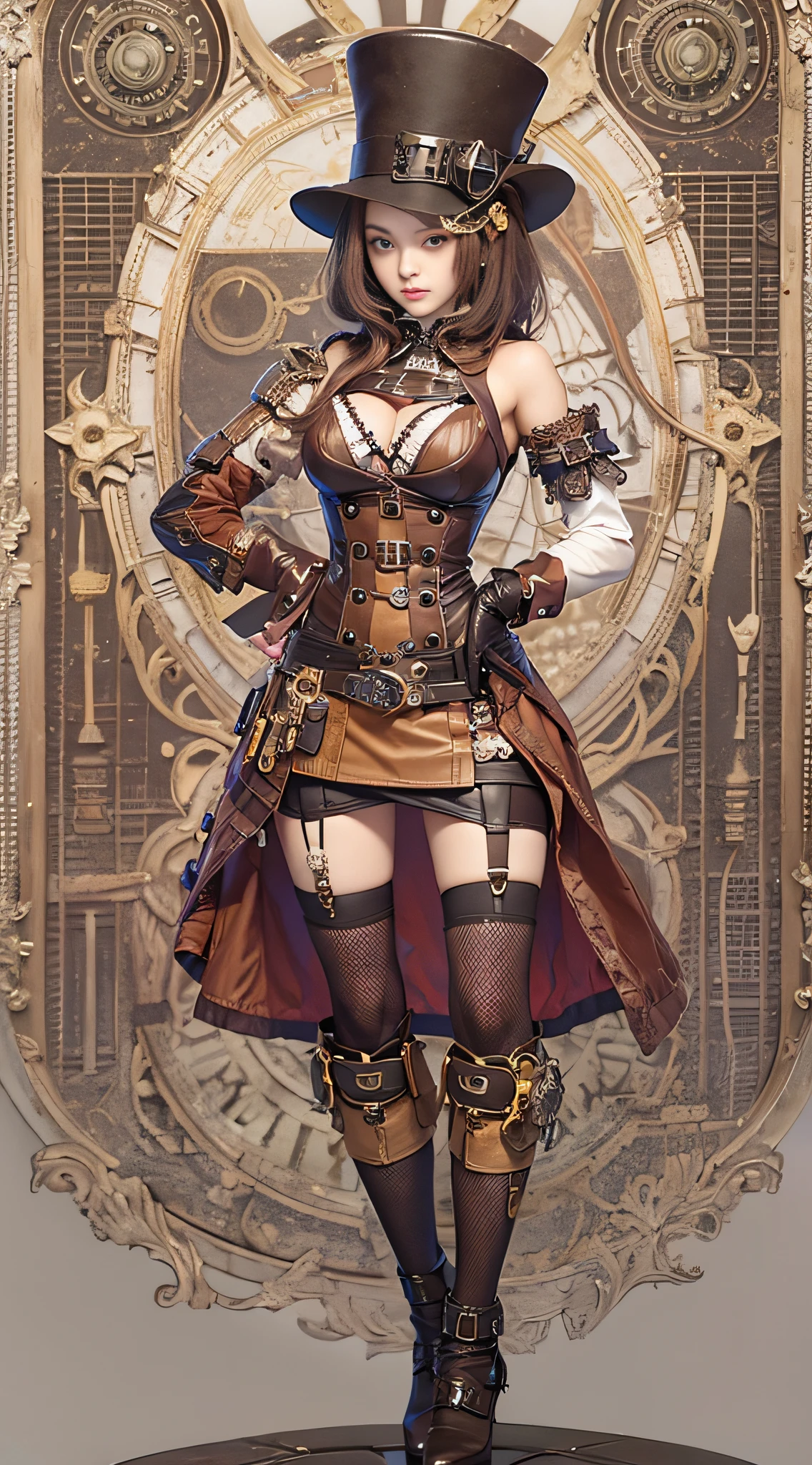 Alafe in leather costume posing for photo、Garter Belt、Burberry check mini skirt、Steampunk Pin-Up Girl、Steampunk girls、steampunk beautiful anime woman、(highly detailed figure)、Beautiful Goddess of Steampunk、steampunk cyberpunk、Wearing steampunk costumes、Wearing a detailed steampunk dress、Close-up portrait shot、steampunk inventor girl、