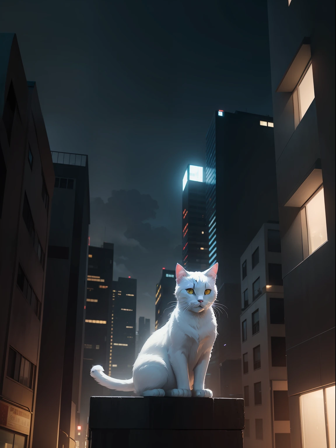 modern urban,delicated,Dark night vista,Buildings,The white cat squats on the roof,full of lights,modern urban,Vertical version,Anime style,