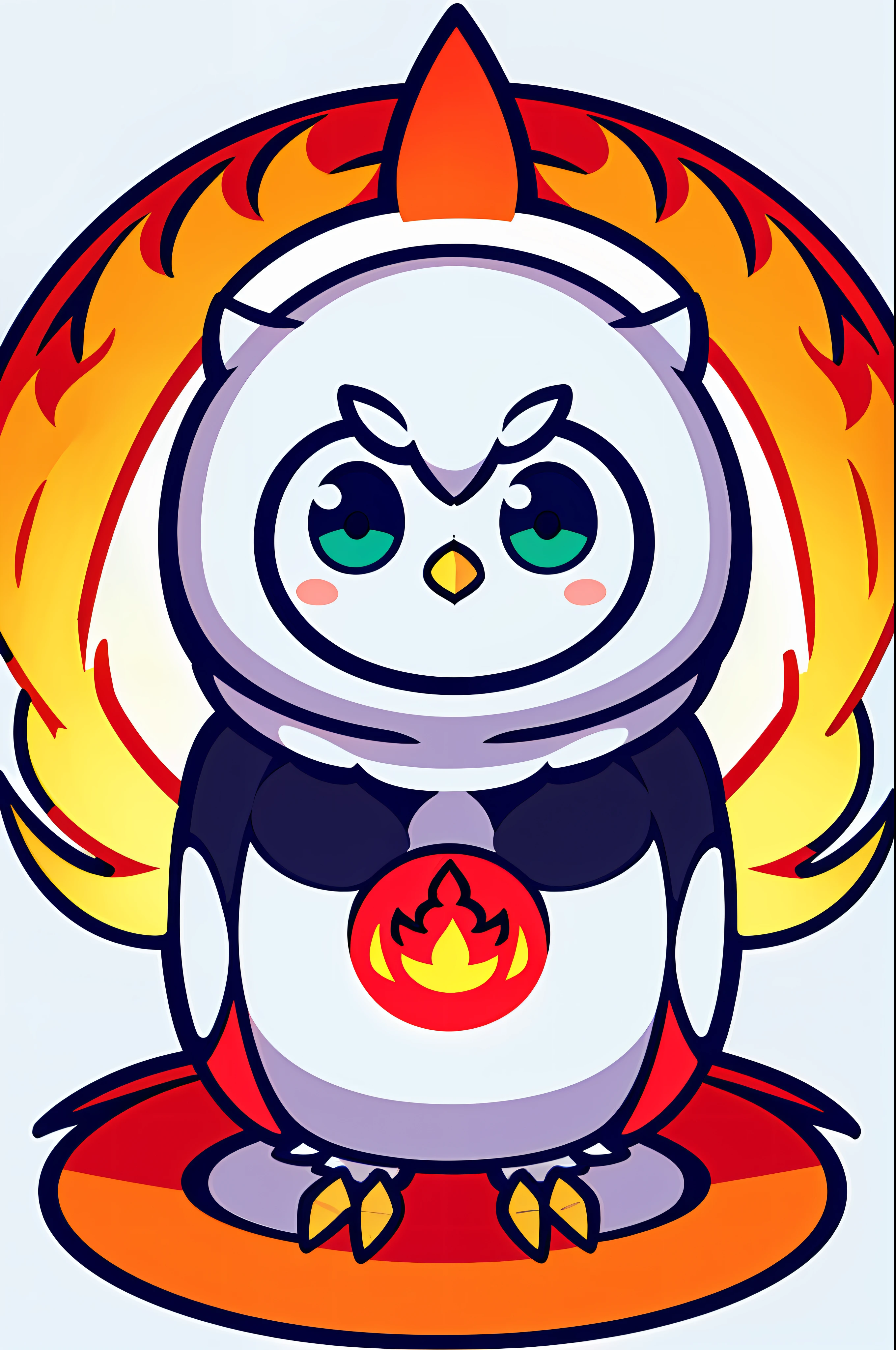 sticker design, RGB color, flat color, cute owl dressed, fire element, centered image, white background, thick outline, white bold outline