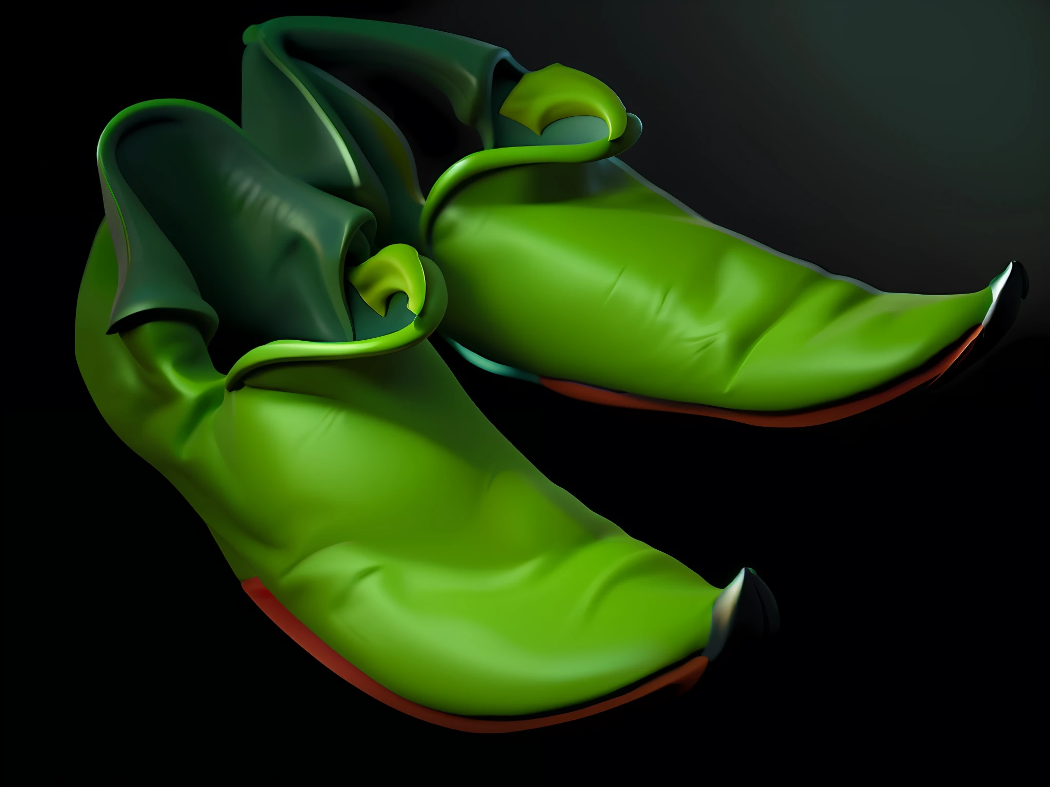There was a pair of green shoes on the table, jester shoes, Pointy clown shoes, arte renderizada, 3 d render stylized, rendered illustration, Stylized digital illustration, cloven feet and horns, low details. Digital painting, stylized cel shading, stylised painting, 2 d render, stylized as a 3d render, rendered image