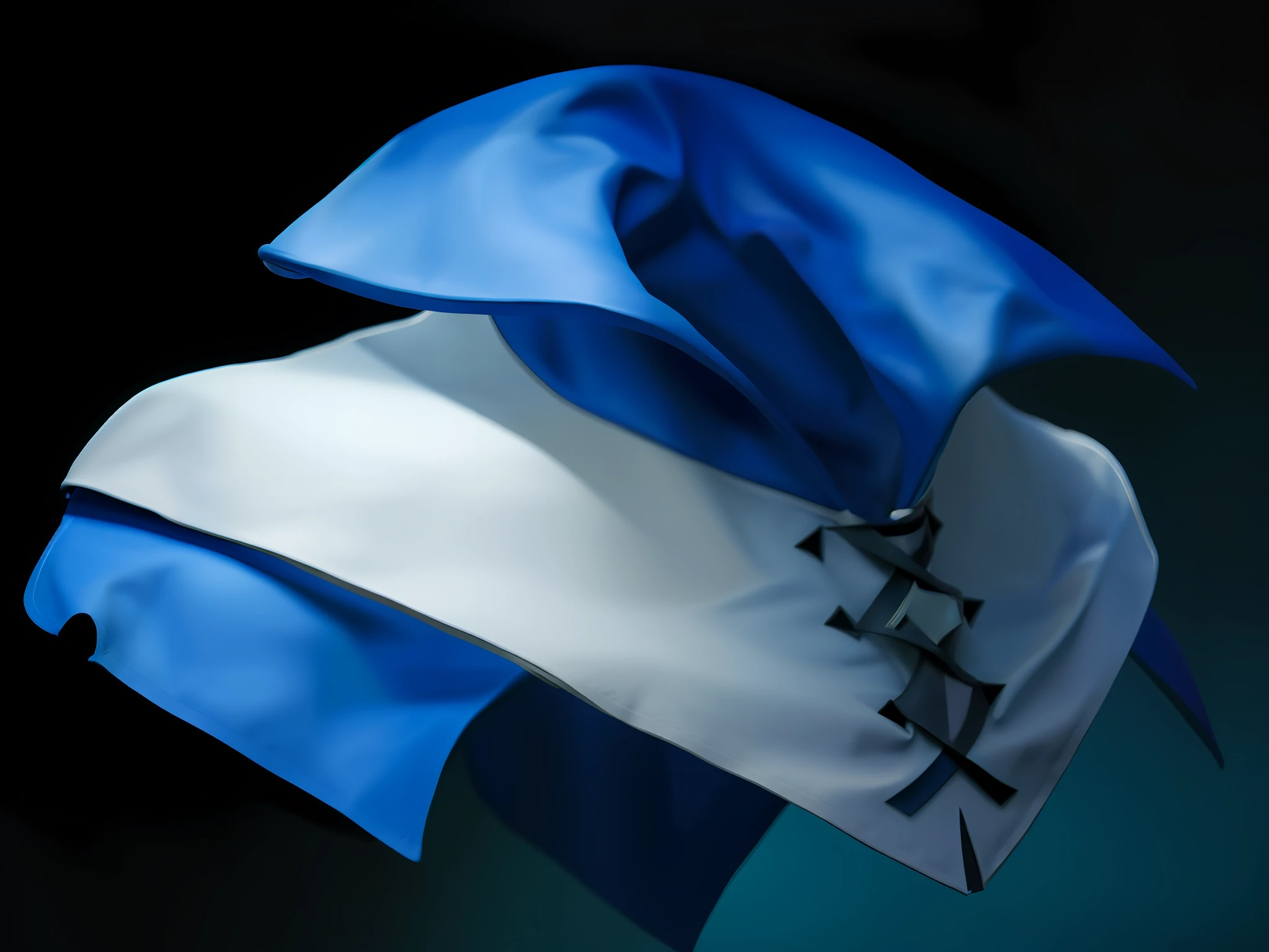 There is a close-up of a cape composed of blue and white,Cotton cape,Leather cloak,The collar of the cloak is blue, stylized dynamic folds, Ultra detail.