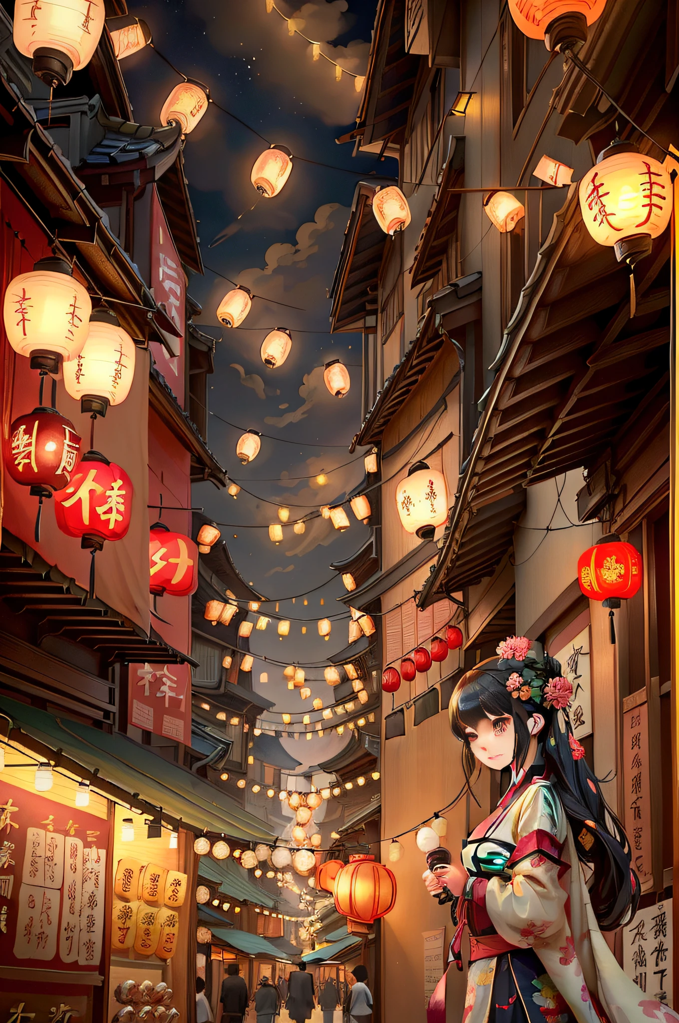 Many lanterns hang from the ceiling above the street,Rosla global lighting, trending on cgstation, A beautiful artwork illustration, Anime background art,Ancient Chinese night market,Embody vitality,Bustling