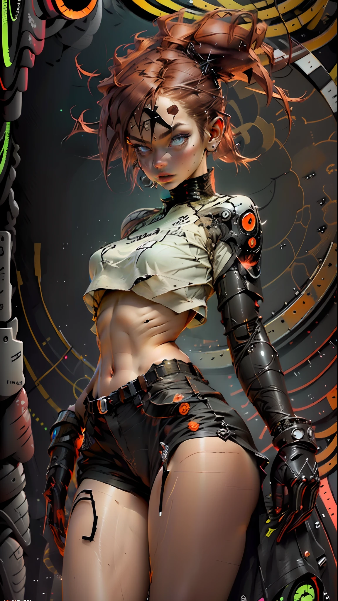 Extremely detailed CG rendering，A cybernetic female with thick thighs and cybernetic body parts. Wear short underwear, Her figure is sleek and powerful. Highly detailed aesthetics, Intricate, Beautiful eyes, vivd colour, illusory engine, HD,4K, hyper photorealism, Ultra-precision design, Masterpiece, perfectionism,