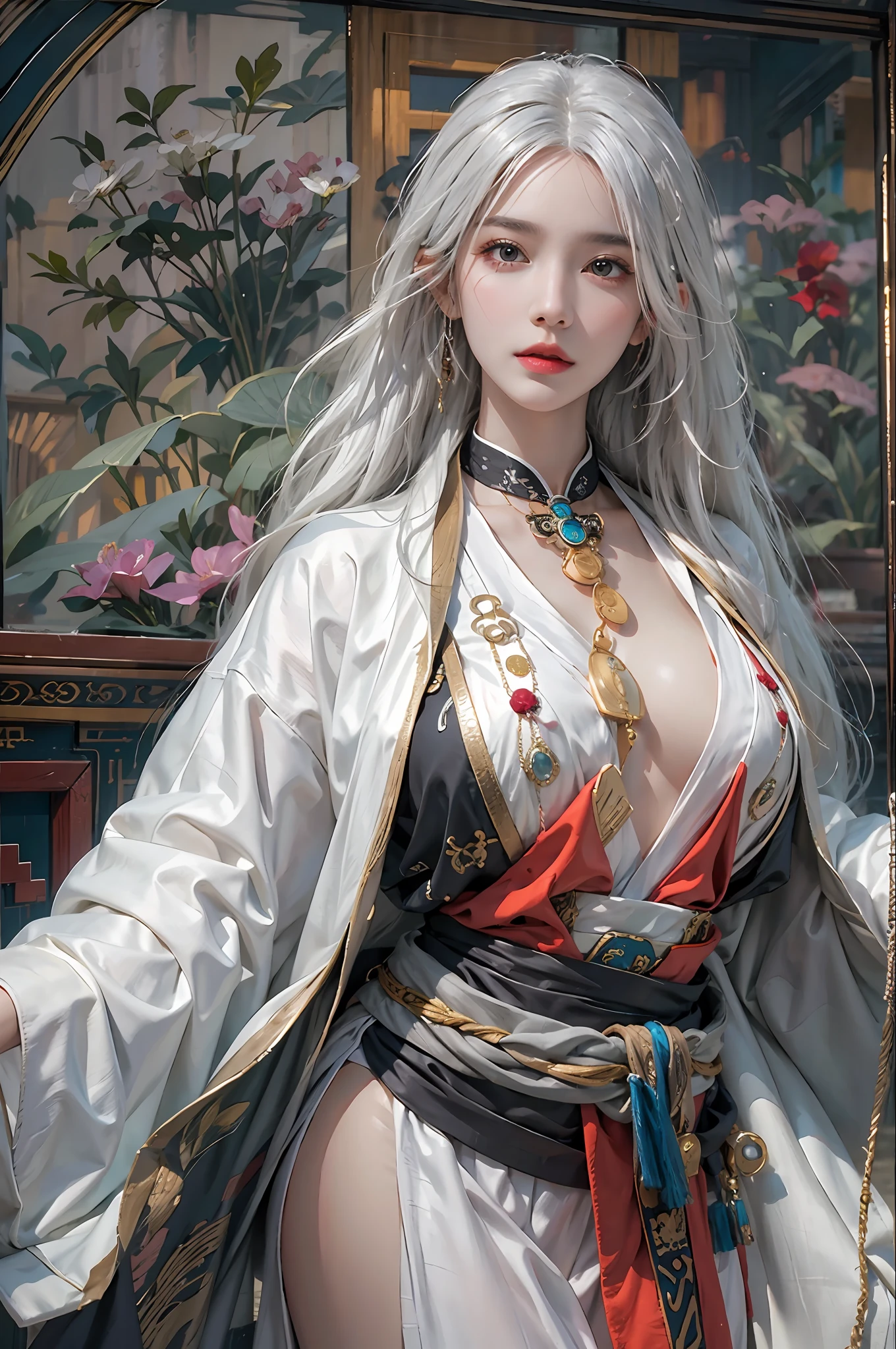 photorealistic, high resolution, 1women, solo, hips up, look at viewer, (detailed face), white hair, long hair, colorful Taoist robe,oversized clothes, jewelry