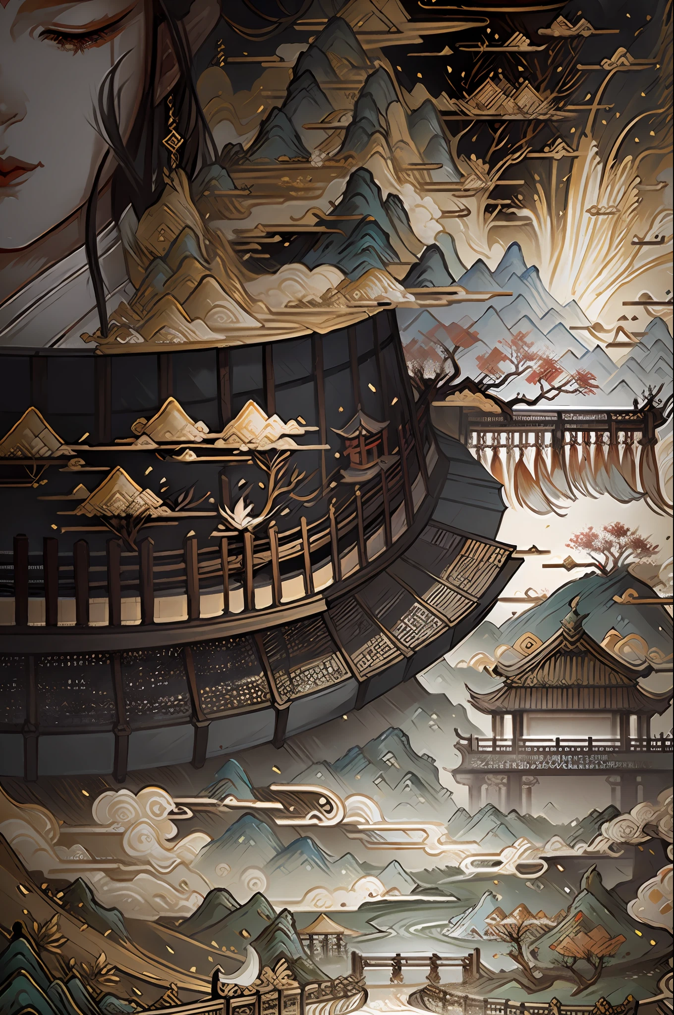 An ancient Chinese painting, ancient Chinese background, mountains, rivers, auspicious clouds, pavilions, sunshine, masterpieces, super detail, epic composition, ultra HD, high quality, extremely detailed, official art, unified 8k wallpaper, Super detail, 32k -- v 6