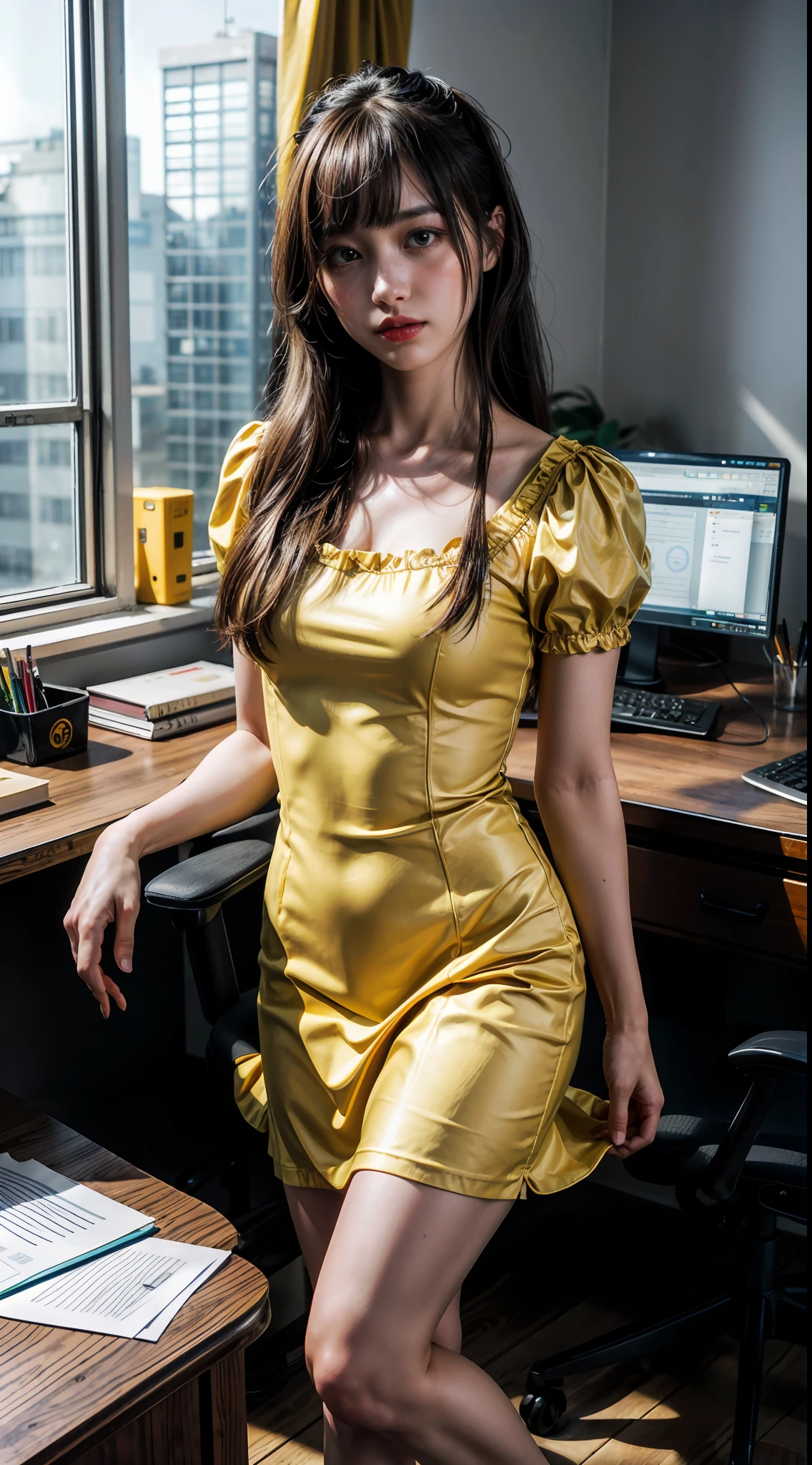 (1girl), solo, russian, long_hair, wearing(yellow-dress, hairpiece), photo(medium-shot), portrait, standing, pov, blurry_background, background(office, desk, office_chair, book), (photorealistic, absurdres, best_quality:1.55),