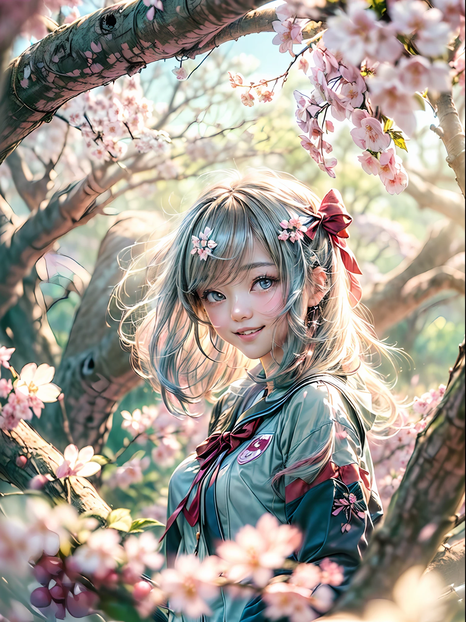 (masterpiece, high resolution:1.4), (photo of a Japanese age girl with short hair and honey-colored eyes:1.2), (Sony Alpha 1 camera, renowned for capturing exceptional detail and vibrant colors:1.2), (paired with the Sony FE 50mm f/1.8 lens for a focused and full-body shot:1.2), (the girl with a radiant smile and a perfectly symmetrical face:1.1), (her skin flawless and glowing in the sunlight:1.1), (Sony Alpha 1 camera capturing the intricate textures of her hair and school uniform:1.2), (dressed in a blue school uniform with a decorative red bow:1.2), (her uniform perfectly fitted and adding to her youthful charm:1.3), (standing in front of a cherry blossom tree in a park:1.2), (the cherry blossoms in full bloom, creating a picturesque and enchanting backdrop:1.1), (the sunlight filtering through the cherry blossoms, casting a warm and ethereal glow on the girl:1.3), (a sense of joy and happiness evident in her bright smile:1.3), (the photo capturing the girl's vibrant and cheerful personality:1.1), (the high-resolution photo ensuring every detail, from the girl's expression to the delicate cherry blossoms, is preserved:1.3)