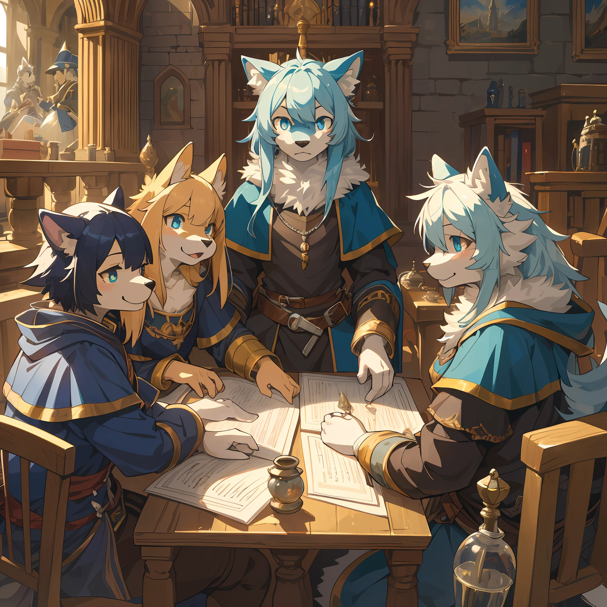 dynamic angle, top quality, best quality, High-quality illustrations, masterpiece, super high resolution, detailed background, detailed background, alchemist, medieval Europe, chandelle, group shot:0.1, 6+boys, 6+girls, absurdres(highly detailed beautiful face and eyes)perfect anatomy, expression, good lighting, cinematic shadow(kemono, furry anthro),