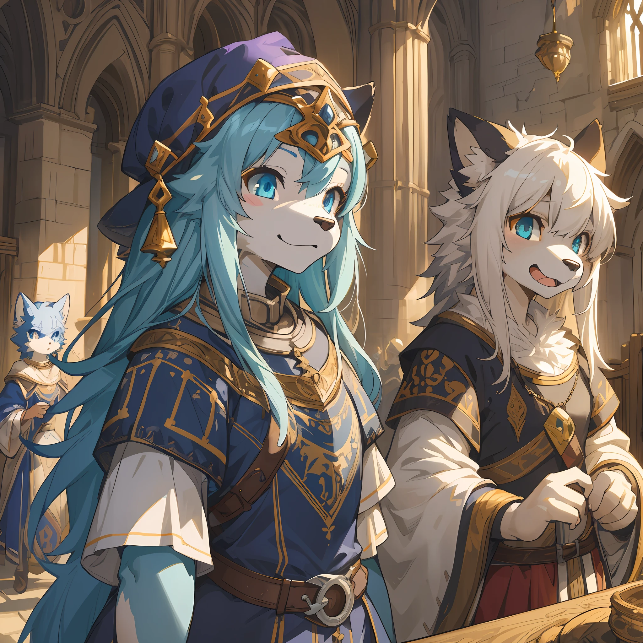 dynamic angle, top quality, best quality, High-quality illustrations, masterpiece, super high resolution, detailed background, detailed background, alchemist, medieval Europe, chandelle, group shot:0.1, 6+boys, 6+girls, absurdres(highly detailed beautiful face and eyes)perfect anatomy, expression, good lighting, cinematic shadow(kemono, furry anthro),