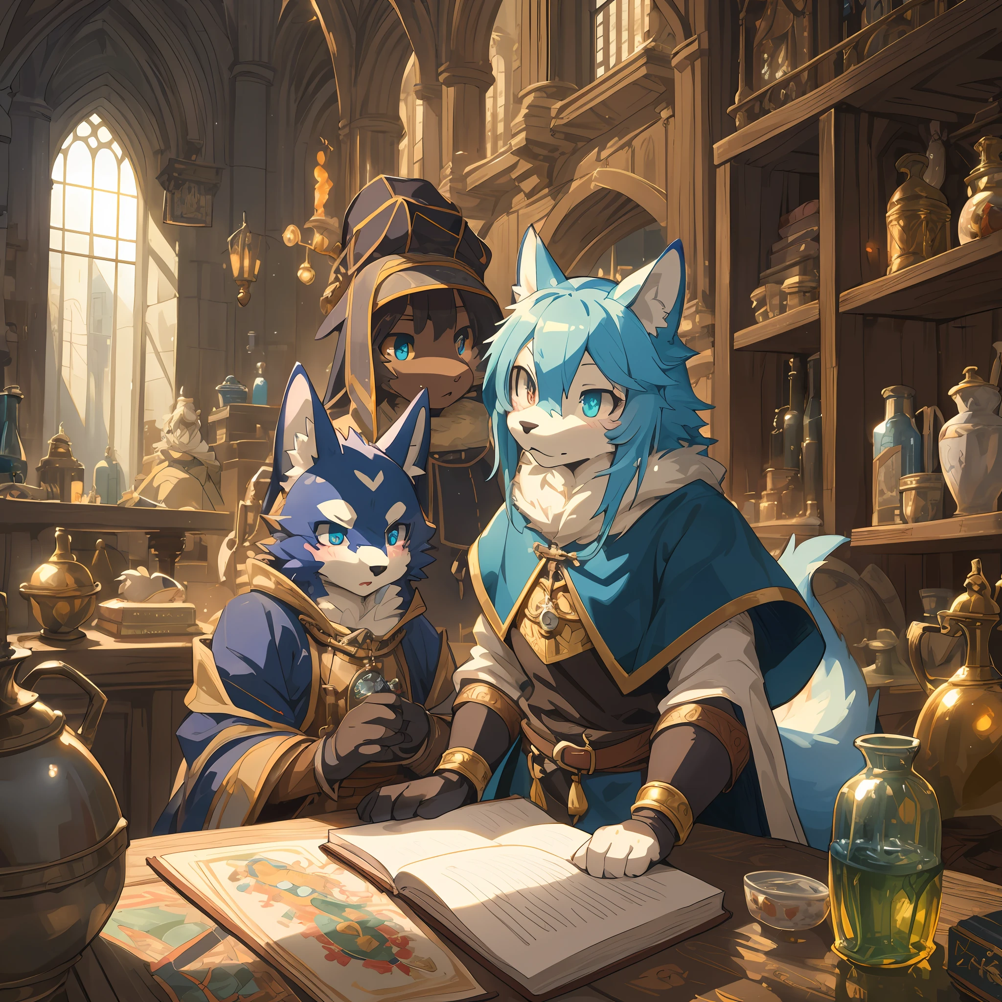 dynamic angle, top quality, best quality, High-quality illustrations, masterpiece, super high resolution, detailed background, detailed background, alchemist, medieval Europe, chandelle, group shot:0.1, 6+boys, 6+girls, absurdres(highly detailed beautiful face and eyes)perfect anatomy, expression, good lighting, cinematic shadow(kemono, furry anthro),