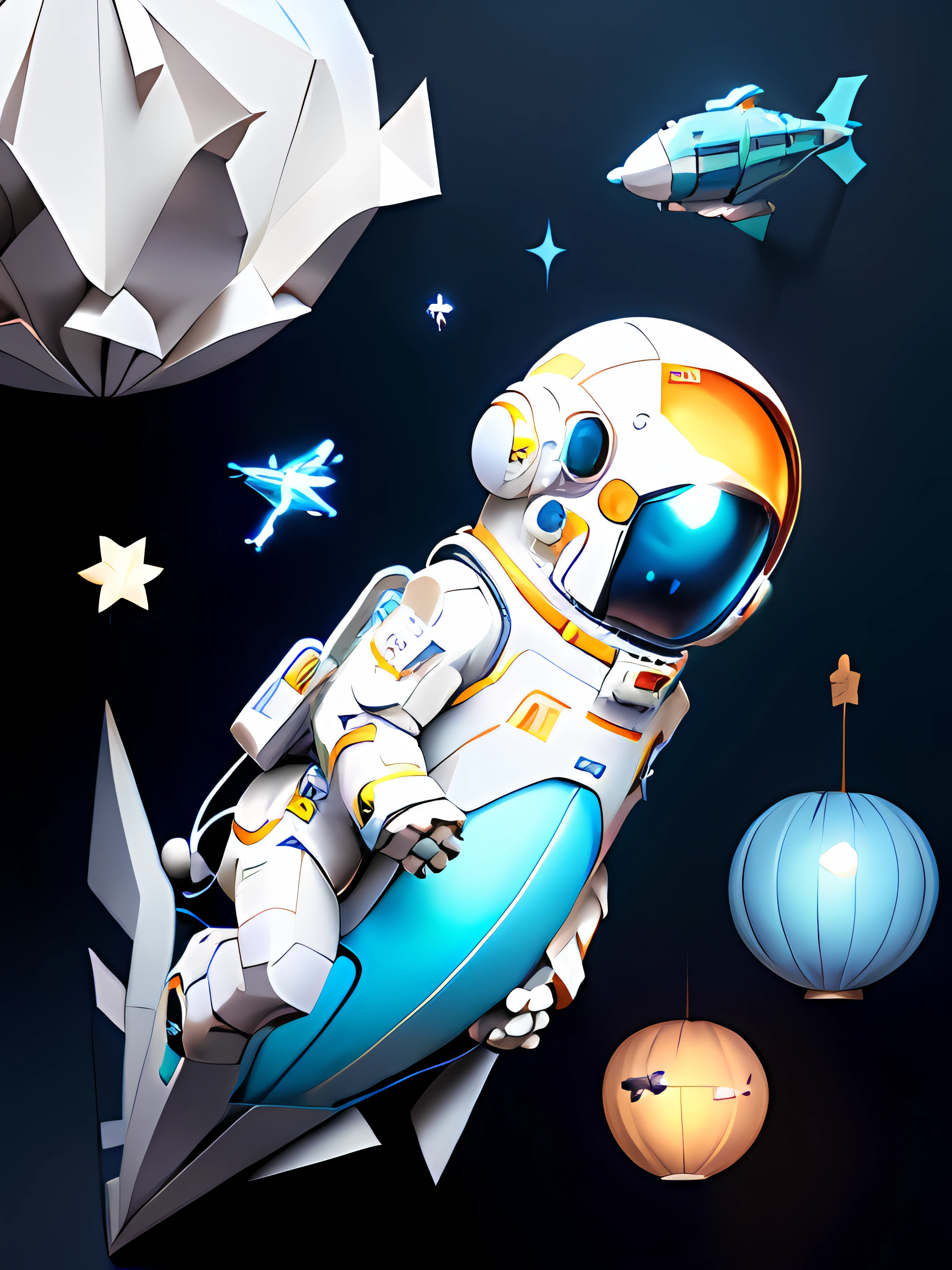 ((tmasterpiece))),best qualtiy, Light blue illustration, ((The astronaut)),Spaceship,heavenly body, paper-cut craft, (white backgrounid:1.1),hyper HD,16k。