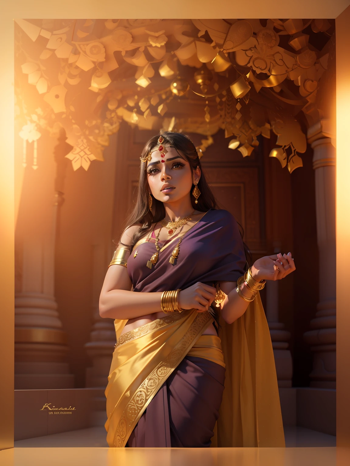 3d model, Indian, saree, jewellery, princess crown,8k, Kingdom throne background,golden bangles