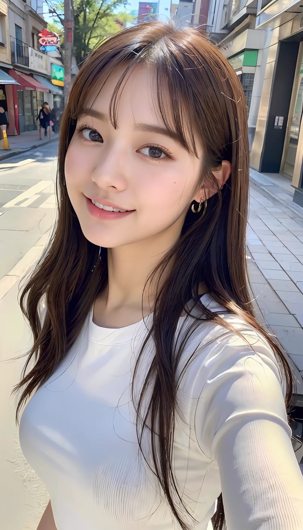(8K、top-quality、​masterpiece、超A high resolution、High Definition Face:1.3)、portlate、(20 years girl:1.3)、Beautiful fece、kawaii、Brown hair、Fetishes、vestments、bokeh dof、frontage、Cowboy Shot, Henyo Henyo smile, The shirt, (8K、Raw photography、top-quality、masuter piece:1.2)、ultra-detailliert、ultra res、(realisitic、rialistic photo:1.37)、portlate、high-definition RAW color photography、Professional Photography、highly detailed and beautiful、ighly detailed、8K Picture Wallpaper、amazing detailed、huge filesize、Official art、Highly detailed CG Unity 8K wallpapers、highly detailed beautiful girl、extra detailed face、extremely detailed eye、highlydetailed skin、extremely detailed fingers、highly detailed nose、very detailed detailed mouth、Perfect Anatomy、blurry backround、Highly detailed clothing、女の子 1 人、(18:1.2)、Teen、Cute little girl s、famous Japan idol、cute little、Realistic body、小柄、de pele branca、glistning skin、Slim body、Handsome body、brown haired、Semi-long hair、(Blunt bangs:1.2)、Curly hair、A smile、kawaii、zora々Right、kawaii faces、Lifelike face、Delicat eyes、Sauce order、White T-shirt、skirt by the、耳Nipple Ring、Looking at the camera、cowboy  shot、Street、front facing、Contrapo、public、small tits、
