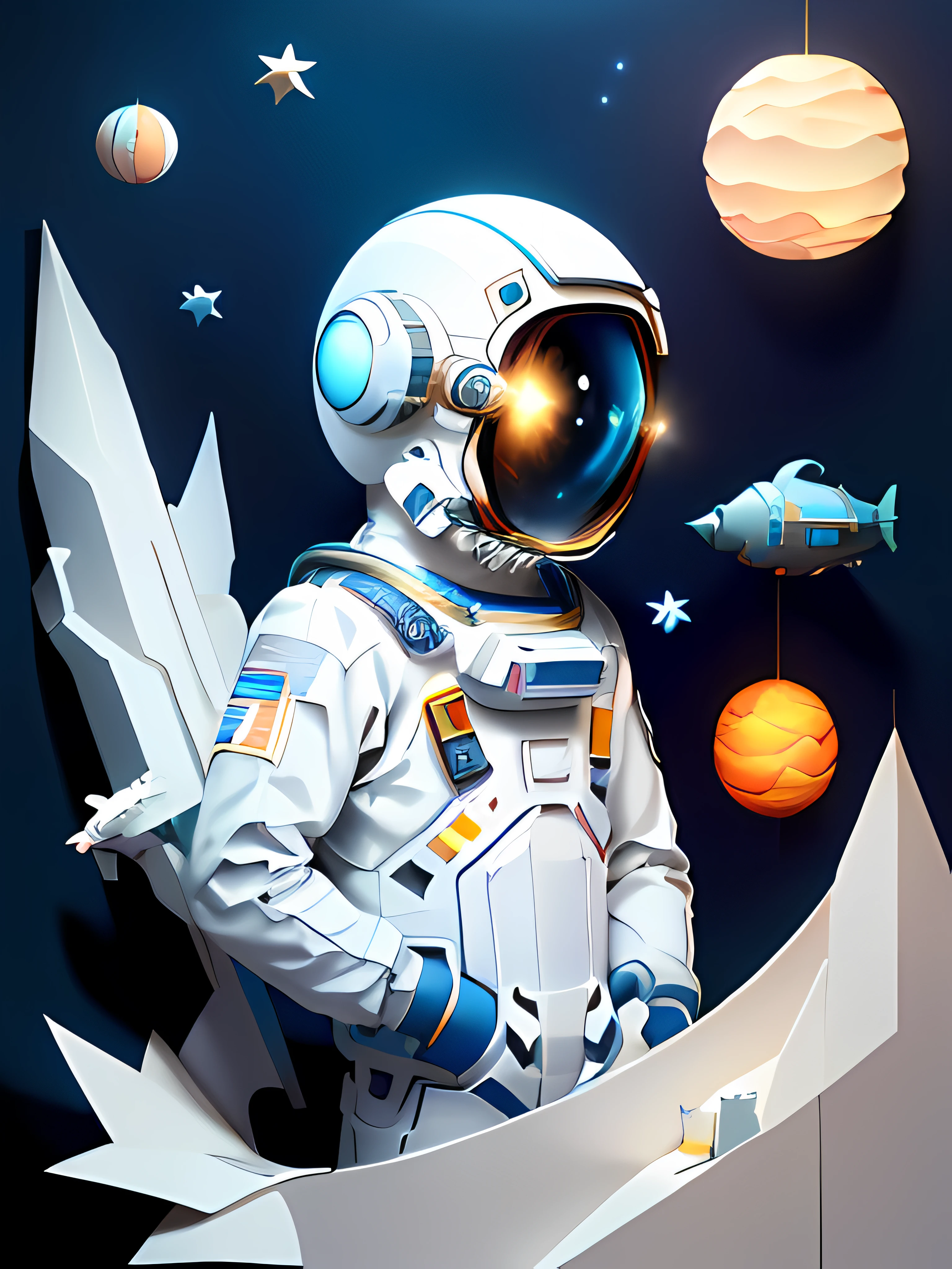 ((tmasterpiece))),best qualtiy, Light blue illustration, ((The astronaut)),spaceship,heavenly body, paper-cut craft, (white backgrounid:1.1),hyper HD,16k。