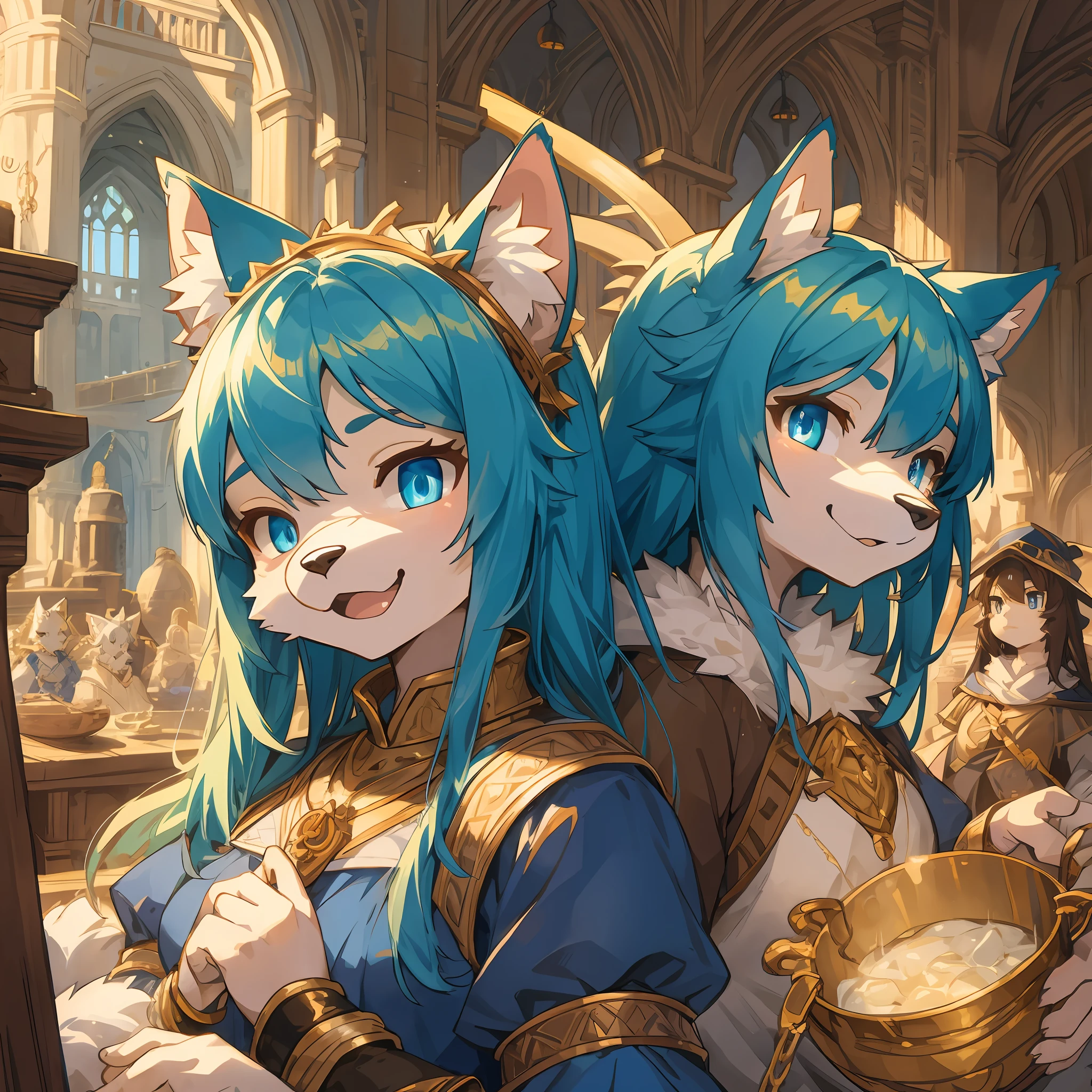dynamic angle, top quality, best quality, High-quality illustrations, masterpiece, super high resolution, detailed background, detailed background, alchemist, medieval Europe, Luminous, chandelle, group shot:0.1, 6+boys, 6+girls, absurdres(highly detailed beautiful face and eyes)perfect anatomy, expression, good lighting, cinematic shadow(kemono, furry anthro),