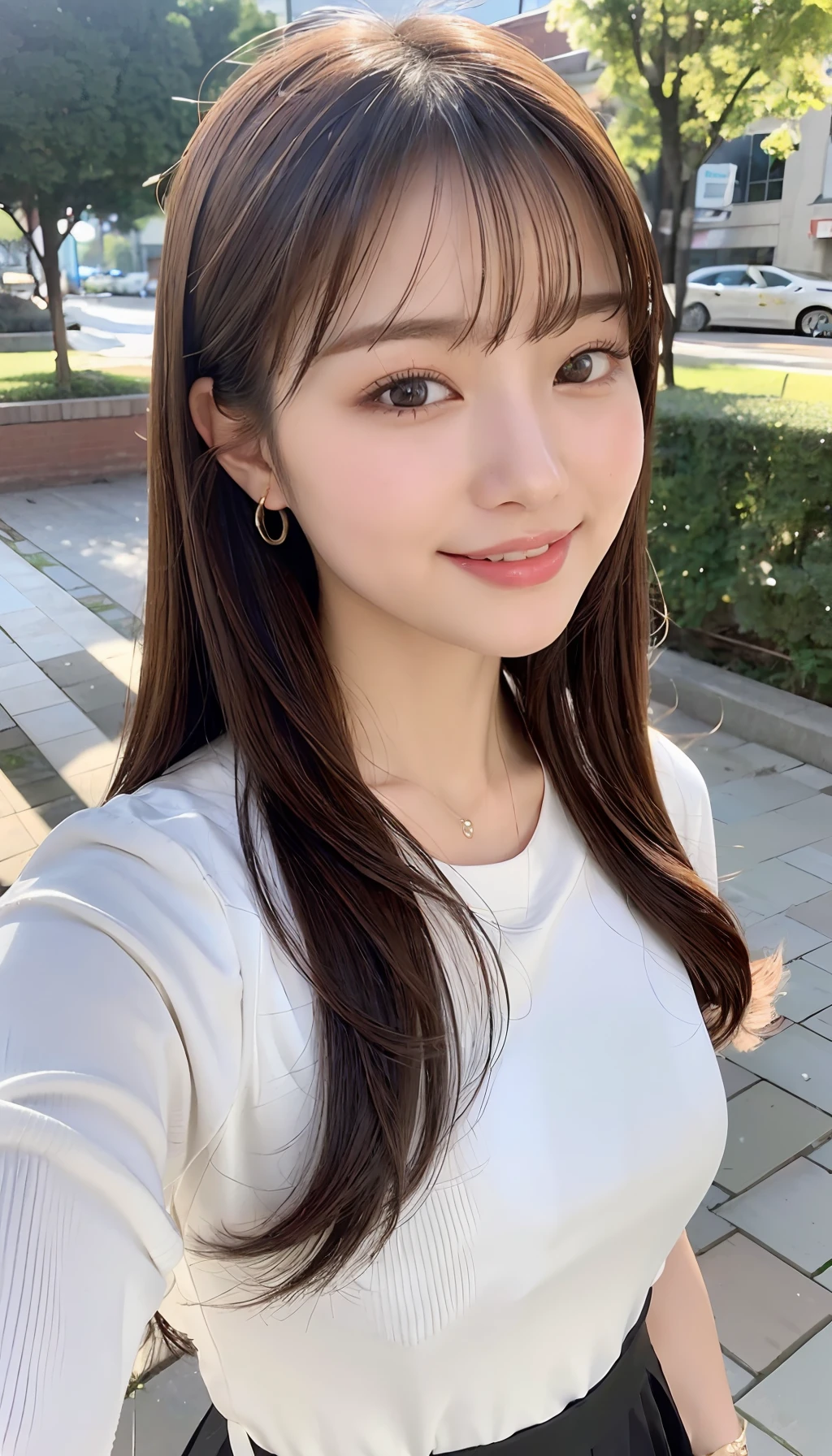 (8K、top-quality、masterpiece、超A high resolution、High Definition Face:1.3)、portlate、(20 years girl:1.3)、Beautiful fece、kawaii、Brown hair、Fetishes、vestments、bokeh dof、frontage、Cowboy Shot, Henyo Henyo smile, The shirt, (8K、Raw photography、top-quality、masuter piece:1.2)、ultra-detailliert、ultra res、(realisitic、rialistic photo:1.37)、portlate、high-definition RAW color photography、Professional Photography、highly detailed and beautiful、ighly detailed、8K Picture Wallpaper、amazing detailed、huge filesize、Official art、Highly detailed CG Unity 8K wallpapers、highly detailed beautiful girl、extra detailed face、extremely detailed eye、highlydetailed skin、extremely detailed fingers、highly detailed nose、very detailed detailed mouth、Perfect Anatomy、blurry backround、Highly detailed clothing、女の子 1 人、(18:1.2)、Teen、Cute little girl s、famous Japan idol、cute little、Realistic body、小柄、de pele branca、glistning skin、Slim body、Handsome body、brown haired、Semi-long hair、(Blunt bangs:1.2)、Curly hair、A smile、kawaii、zora々Right、kawaii faces、Lifelike face、Delicat eyes、Sauce order、White T-shirt、skirt by the、耳Nipple Ring、Looking at the camera、cowboy shot、Street、front facing、Contrapo、public、small tits、