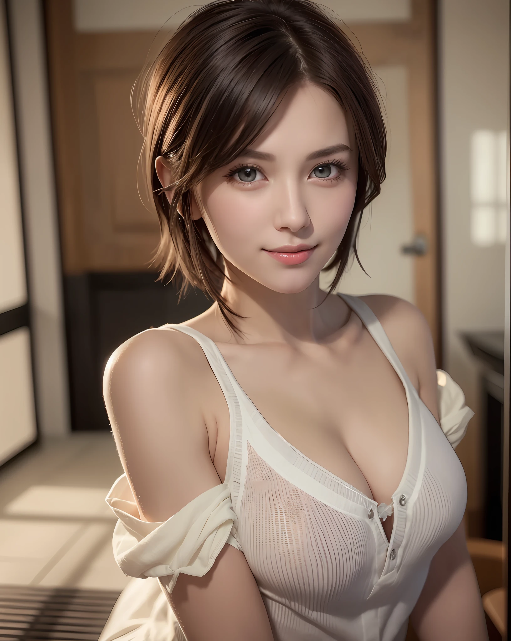 Best Quality, Ultra High Resolution, (Photorealistic: 1.4), Beautiful Eyes, Super Beautiful, Very Short Hair, Beautiful, Sweetheart, T-shirt with Rough Chest, Beautiful Soldier, Eyes That Invite Viewer, Lover's Perspective, Inviting Expression, Sexy Smile, Perfect Style, Perfect Balance, Detailed Skin, Naughty Gaze, Chest Visible