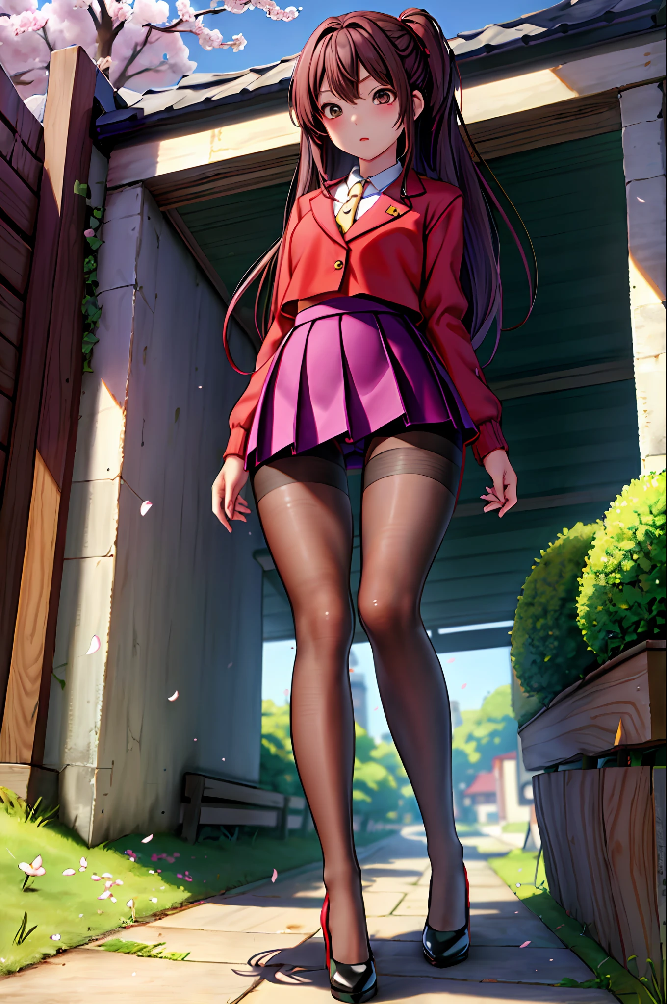 tmasterpiece,Need,8K,Girl,s girl,Plum eyes,brown pubic fur,bobo head,Envy face,Shine,middlebreast,Beautiful leg line:1.3,thick thight,Big breasts Thin waist,校服,High socks,tiese,((pencil skirts)), red high heel pumps, lacepantyhose,, pathway_stilt_with_full bloom_cherry_Blossom_Green trees,,view the viewer,From below,full bodyesbian, legsupms,