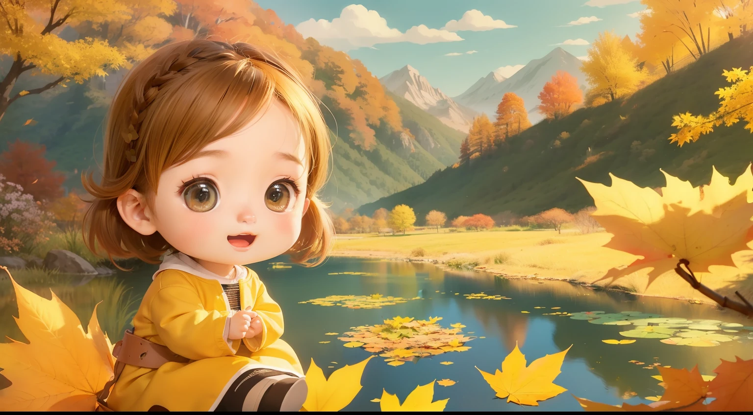 A very cute girl sat by the pond, warm light yellow in autumn, maple leaves, bright sunlight, creating a happy and relaxed atmosphere. Cartoon style, Chinese style, mountains, clouds, water, wide angle, natural light, movie light, flat illustrations, super details, 16k, best quality --niji 5 --ar 2:3 --v 5
