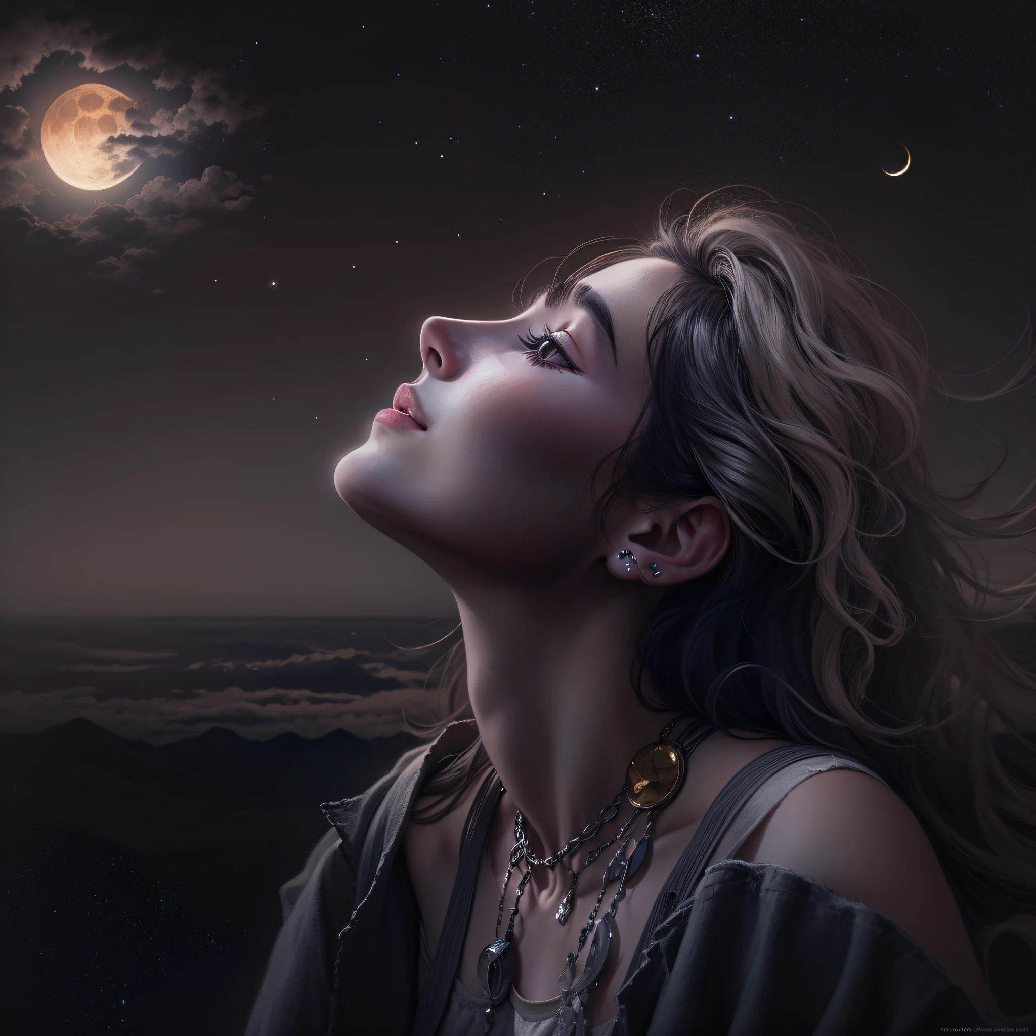 Una mujer hermosa mirando la luna