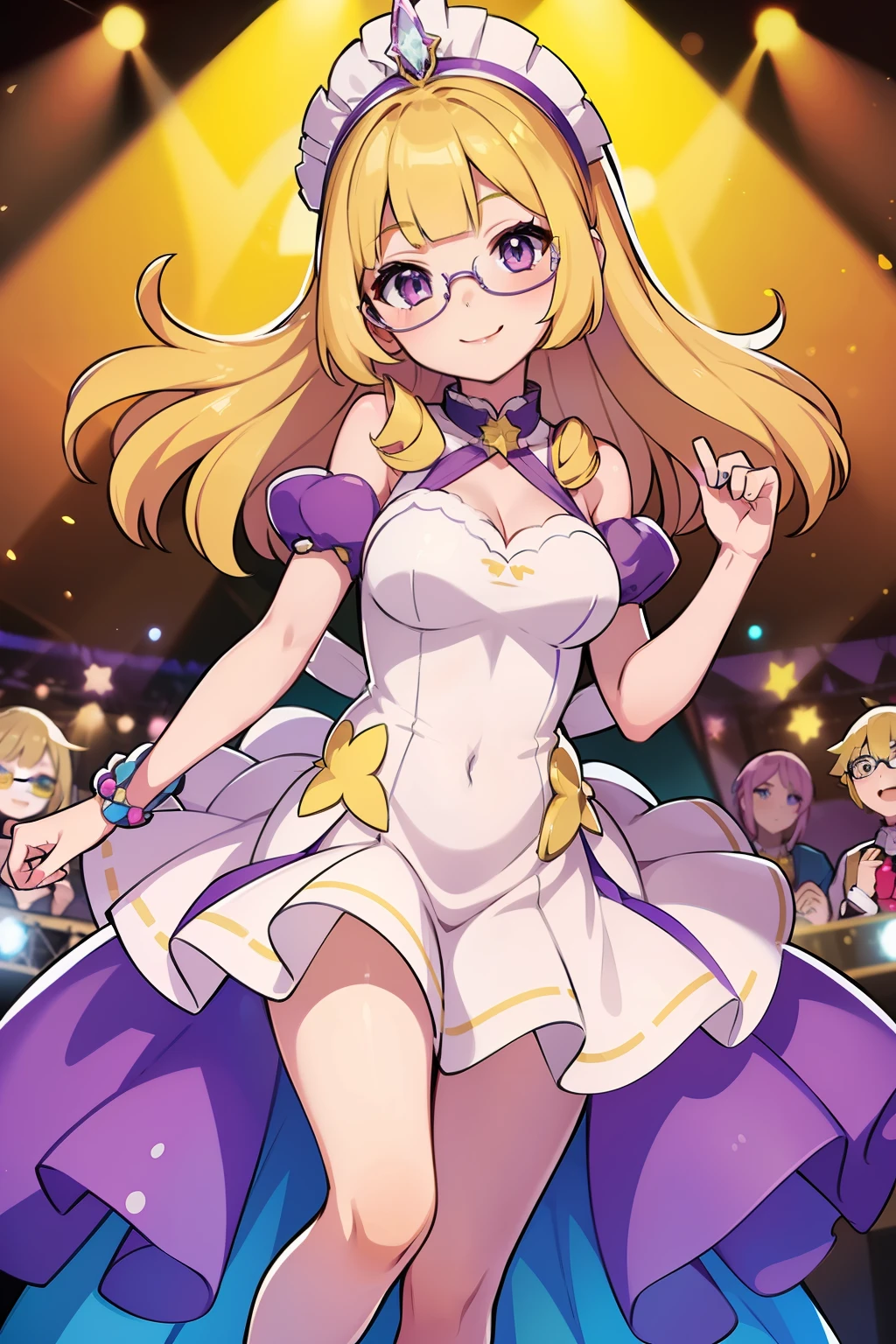 bust art of a cute anime girl, 1girl, yellow blonde hair, ((blue-purple eyes)), (knee-length beauty pageant outfit), modest outfit, oval glasses, (white sundress), performing on stage, dynamic pose, cute face, beautiful smile, pokemon girl, southern belle, ************