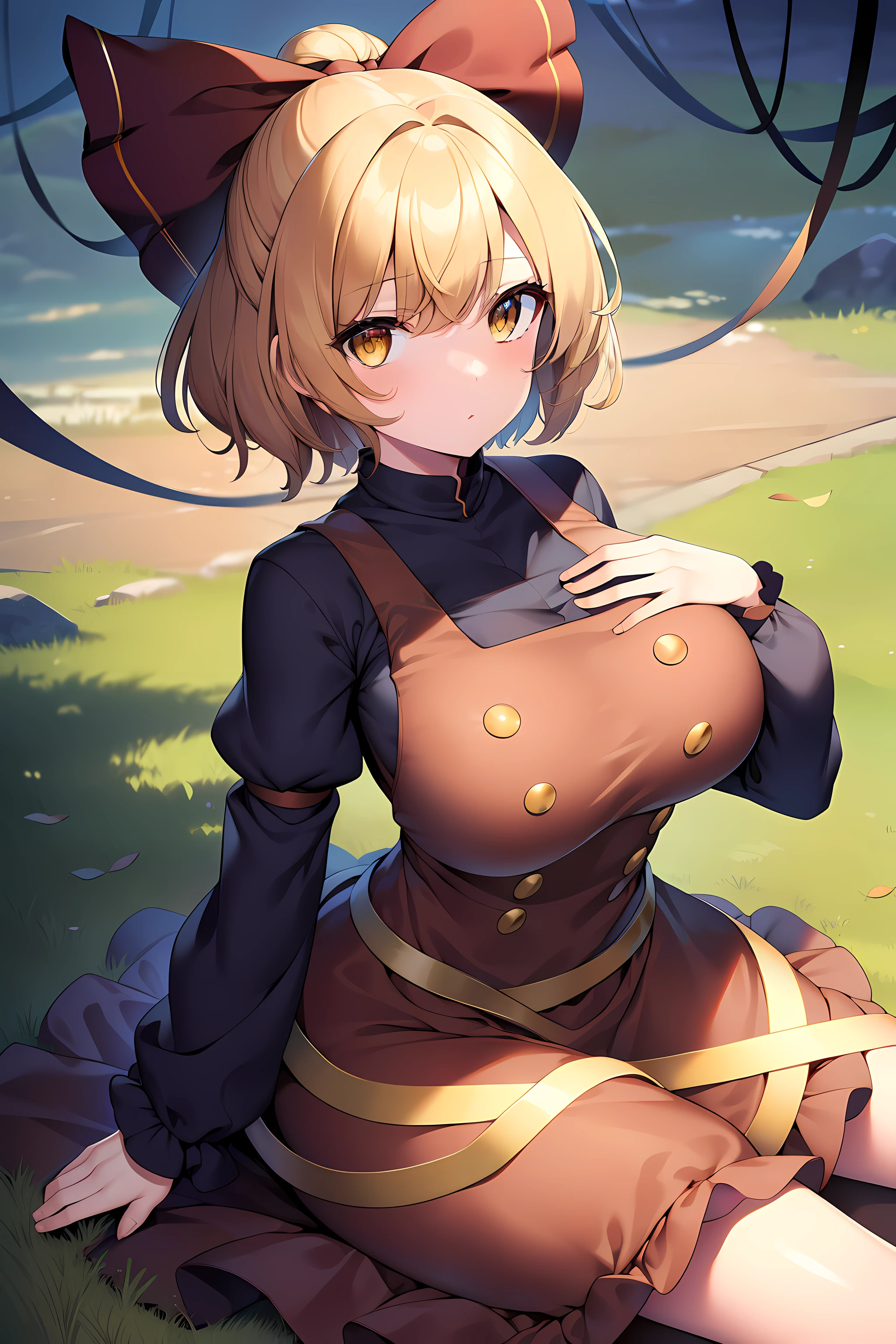 (masterpiece),best quality, expressive eyes, perfect face, 1girl,
big breast, H-cup, good breast, beautiful, gorgeous,anime,girl,lora, floating clothes,w sitting, w sitting on ground, legs on ground, short hair, yellow eyes, leaf hair ornament,red shirt,skirt,long sleeves,curtain chest ,hands on hips, hands on waist,kurodani yamame,
hair bow,
yellow eyes,
brown dress,
long sleeves,
silk,
spider web,