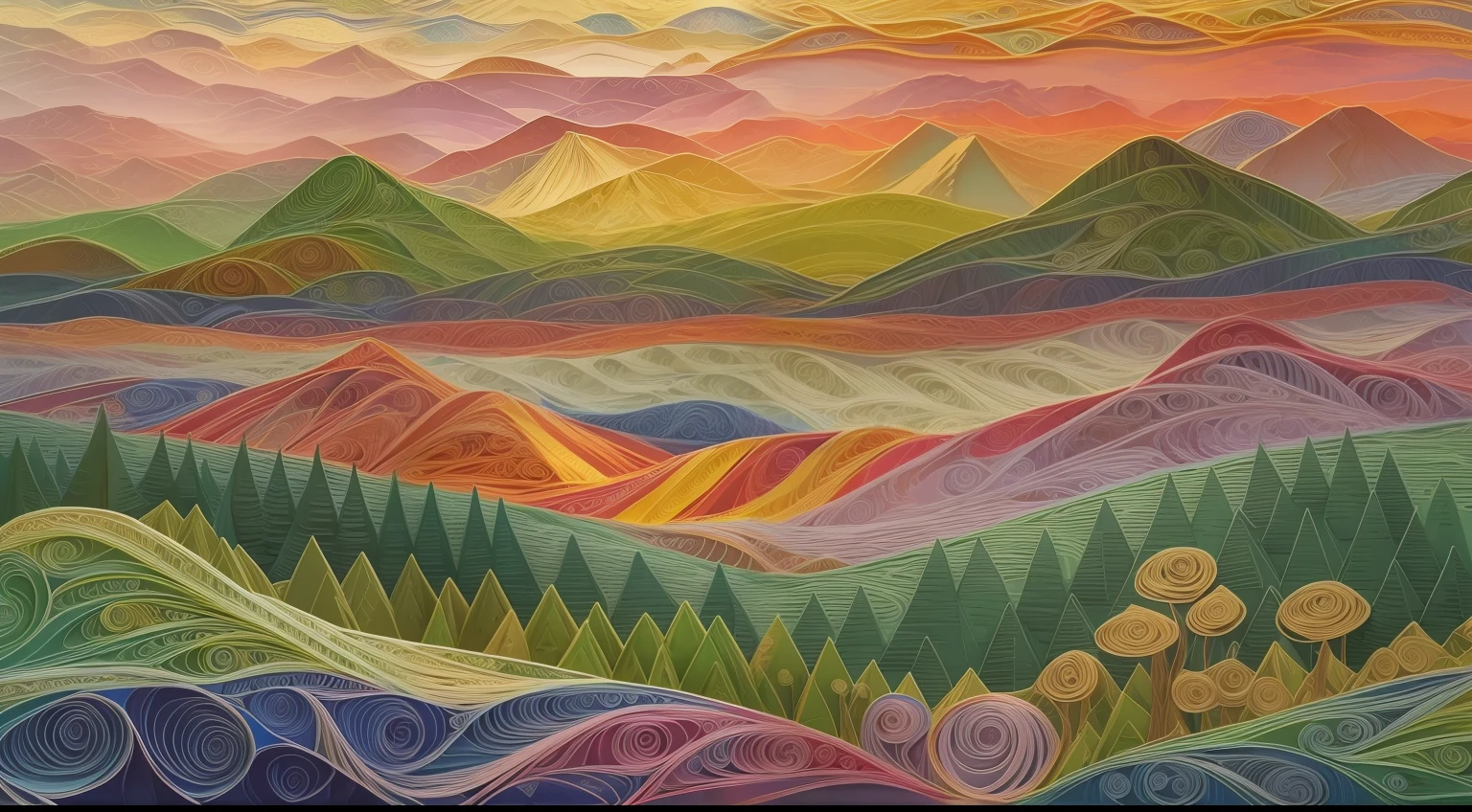 magical scenic Denali National Park filigree paper quilling landscape, paper art, paper illustration, Pointillism, Magical, Fantasy, Sunset, vast landscape, In the style of Vincent Van Gogh, hyperdetailed, hdr, beautiful lighting, volumetric lighting, fantasy, otherworldly, 8k, concept art, illustration, oil painting masterpiece