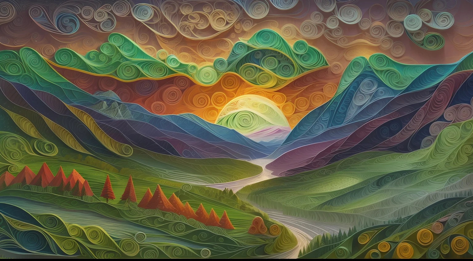 magical scenic Denali National Park filigree paper quilling landscape, paper art, paper illustration, Pointillism, Magical, Fantasy, Sunset, vast landscape, In the style of Vincent Van Gogh, hyperdetailed, hdr, beautiful lighting, volumetric lighting, fantasy, otherworldly, 8k, concept art, illustration,  oil painting masterpiece