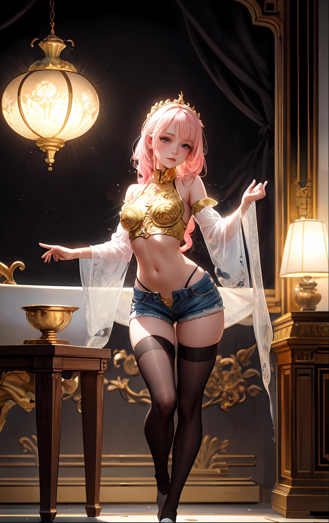 (masterpiece, best quality), 1girl, pink hair, crop top, denim shorts, bedroom, striped thighhighs,gold decoration, plain black background, beautiful Caucasian girl closeup, dynamic moving body, digital art, splash, full body, Sakimichan art, oriental mandala tattoo, fractal background, silver and gold and bronze spirit, floating antique clock, antique lamp, splash, seductive pose, visible pubic hair , visible small breasts, full body, beautiful European Caucasian girl, sexy lady beauty, bare breasts, open neckline, clothing transparent fabric, standing, realistic, highest detail, holy holy, golden eyes, heavenly palace, countless palaces, clouds, golden light, golden lotus, (tianchi bath), pubic hair view, splash, full body, Sakimichan art, slight smile, seductive pose, visible pubic hair, full body, transparent clothes, Jean-Bapti style ste monge, shiny, beautiful girl, glittering, cute adorable filigree, edge lighting, lights, surreal, fantasy, digital art, wlop, artgerm and james jean, floating antique clock, antique lamp, floating antique clock, tom bagshaw art station face, the perfect masterpiece, highest quality, the perfect artwork, 8K, upper body lens, frontal portrait, delicate face, looking at the audience, beautiful girl, magical transparent eyes, platinum hair and 3d fractals, colorful illustration, face of tom bagshaw art station, dreamy glow, golden, goddess