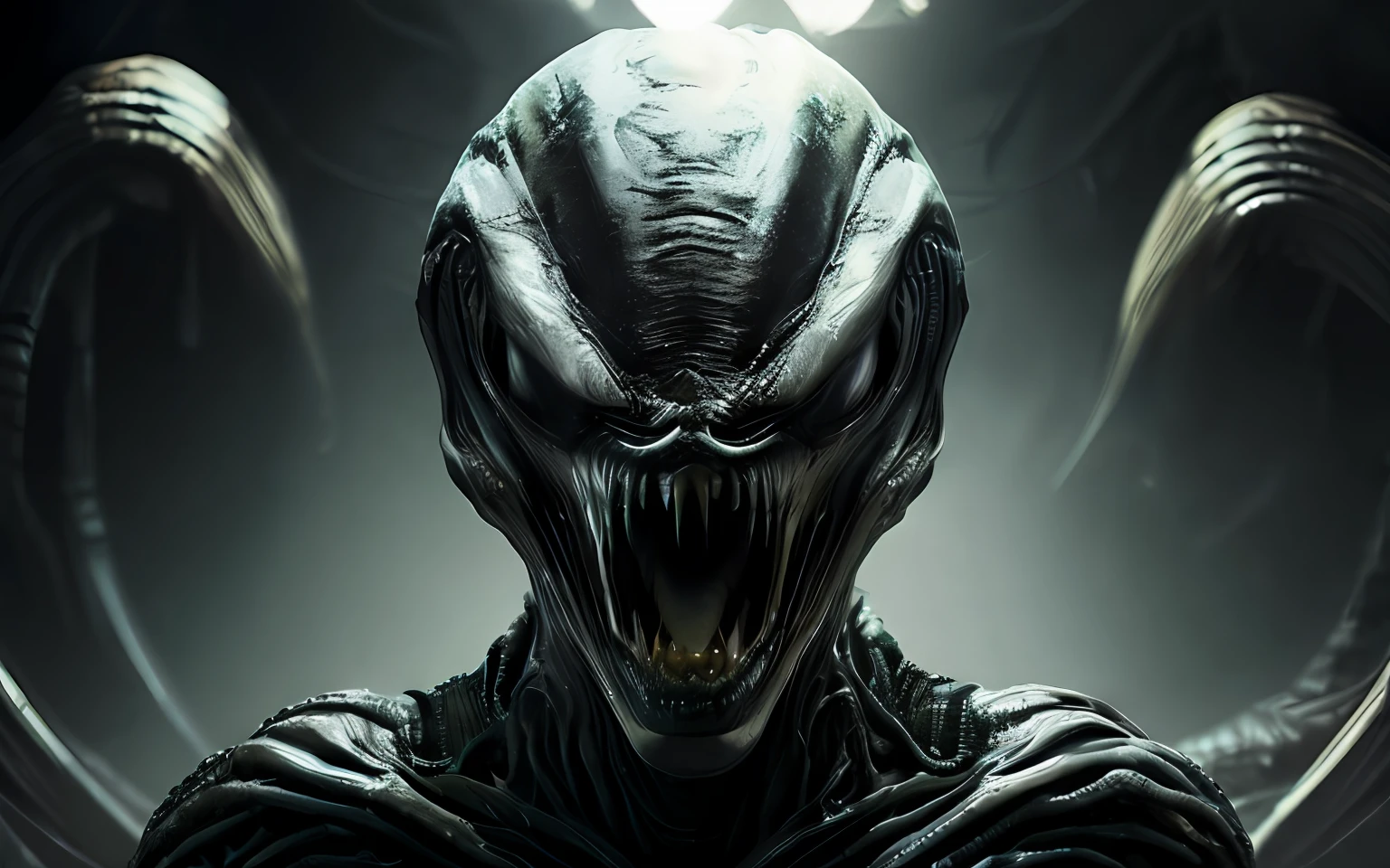 The alien from the movie 'alien', ( ( ( alien ) ) ), Xenomorfos, From the Aliens franchise, preto xenomorfo brilhante (Cinematographic photo:1.3) de (Ultra Detalhado:1.3) alien\ (Agreement 2017\), epics, olhar raivoso, dentes afiados,olhar feroz, Dynamic Stance, acid in the mouth