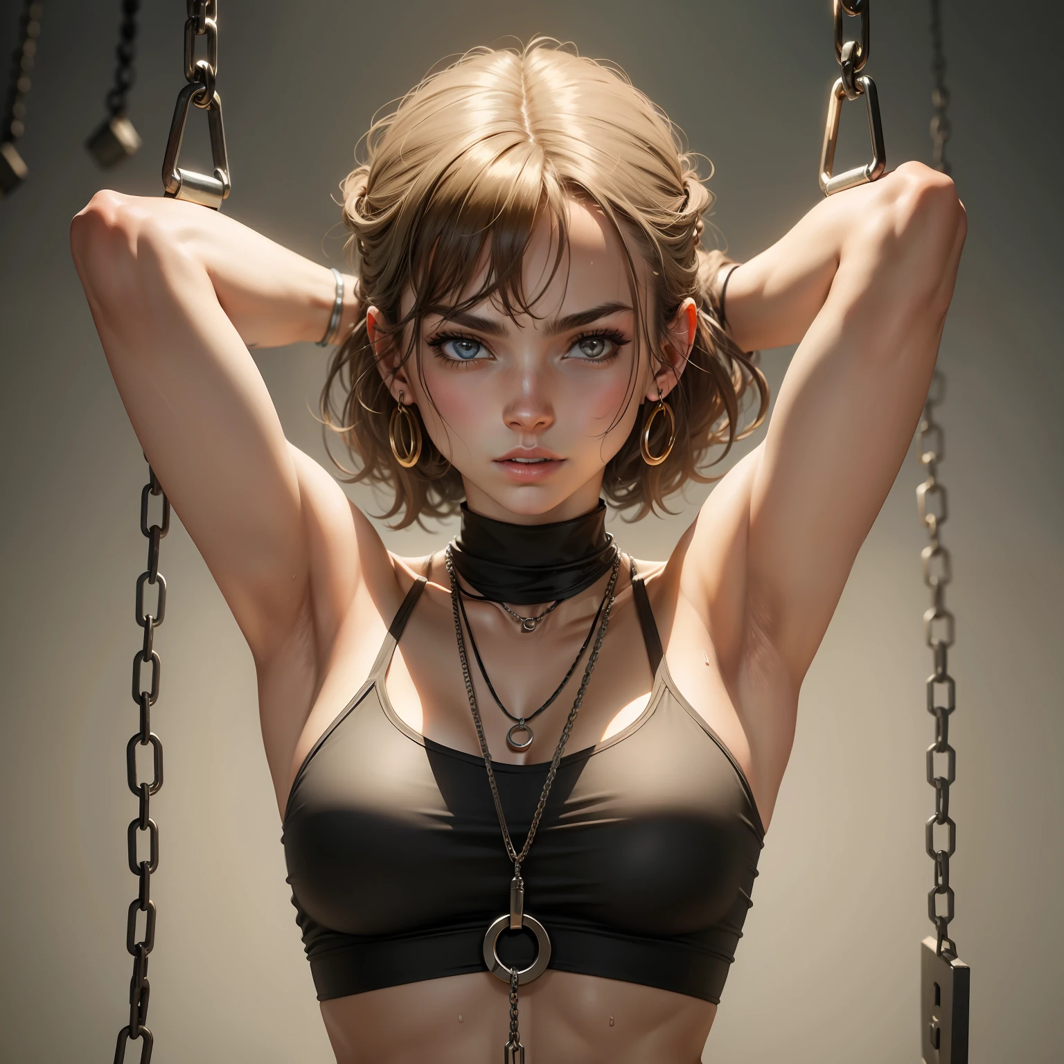 Model Suspended with the chain, Arms Over Head, AOH, and wear tanktops, and showing sweaty armpits