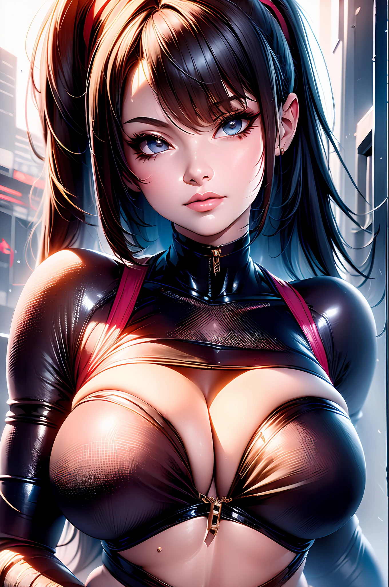 ((best qualtiy)), ((tmasterpiece)), (the detail:1.4), 3D, A beautiful cyberpunk female image,HDR(HighDynamicRange),Ray traching,A beautiful girl with big breasts,closeup cleavage,