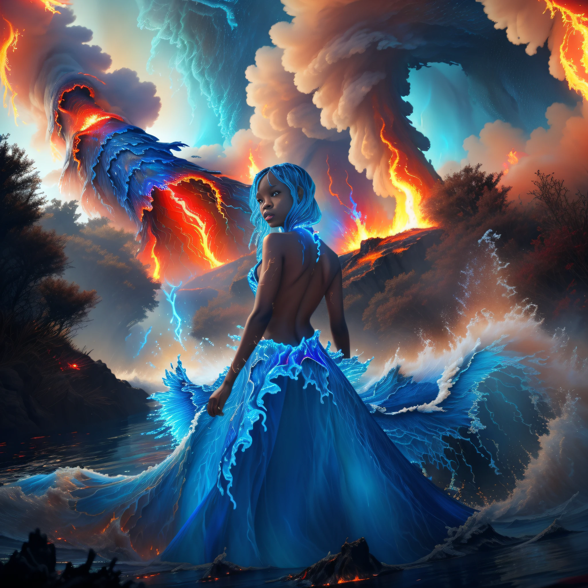 there is a woman that is standing in the water with a dress, emerging from blue fire, african cute female water elemental, river of blue fire, fire and water, dress made of fire, on background red lake on fire, dreamlike digital painting, the world on fire, surreal digital art, flames surround her, stylized digital art, burning scene in the background