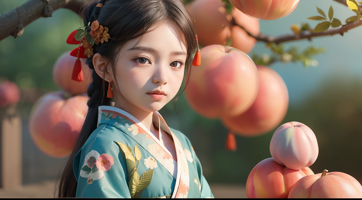 Make a fall poster rendered with a 3D animated illustration ofA very lovely girl was sitting under a peach tree, holding a large peach in her hands,dressed in traditional Chinese clothing Hanfu, a coordinated process,The foreground is a blur of leaves,a blue sky, dappled sunlight,intricate details, beautiful color grading, depth of field (dof) , Unreal Engine, clay materials, 3D art, C4D, 3D rendering, light and shadow, Depth of field, Best Quality 8K, Super Detail --style expressive --ar 3:4 --niji 5 50 --s 2