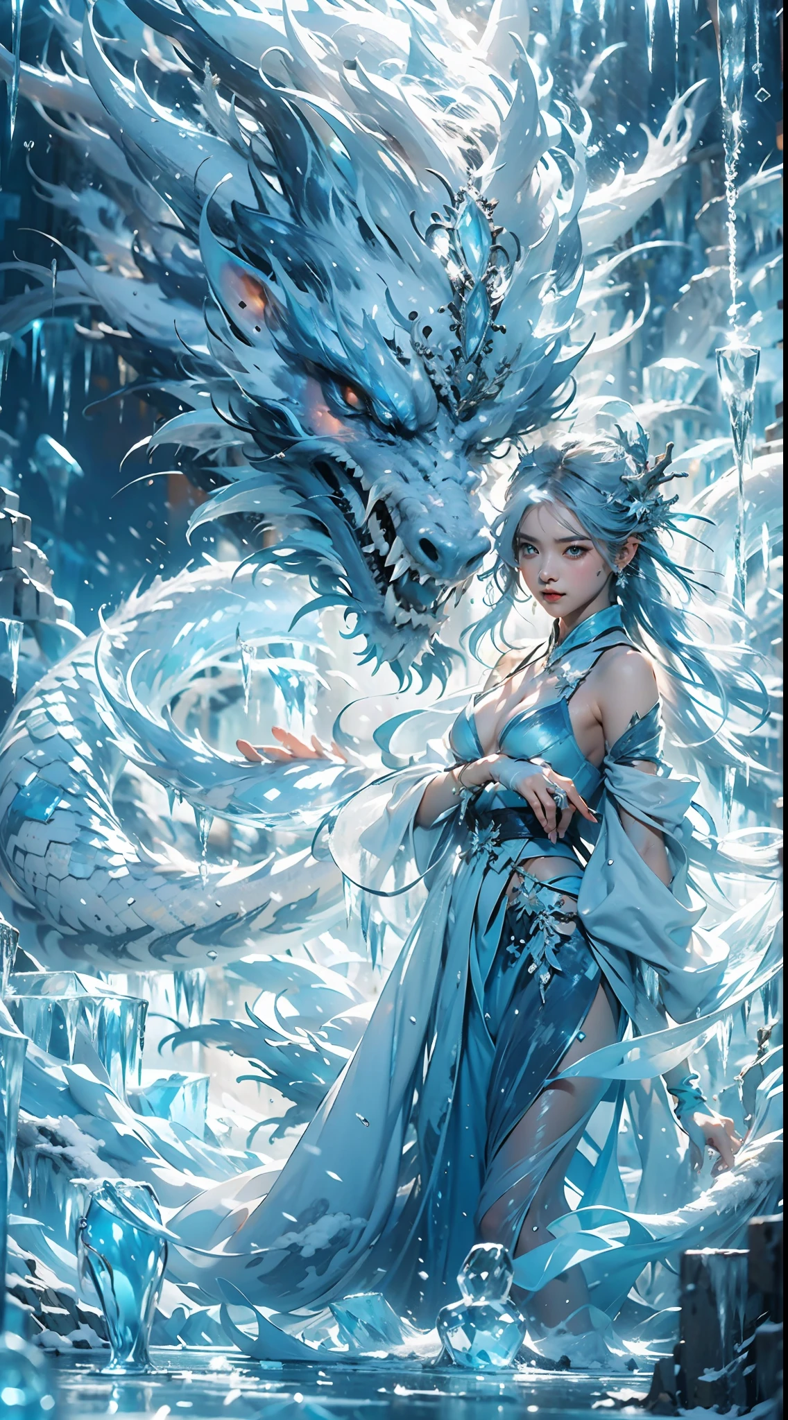 (((1girll)))，（Perfect facial features：1.4），Wearing ancient Chinese Han costumes，icey，ice wings，Splashed liquid，Wavy liquid，airbubble，standing on water，There is a huge ice dragon behind him，drak，wave，Blue glow，（Frost wings），(((Powerful ice magic)))，(((Icicles)))，Towering over the landscape，Blue light cold light，(((Ice storms)))，Wind，((Flying snow ice and snow))，Amazing results，,best qualityer,tmasterpiece,超高分辨率,finely detailled,Complicated details,8K分辨率,8KUCG wallpaper,hdr,water blue,Magic Array,Cinematic lighting effects,lightand shade contrast，Ray traching、NVIDIA RTX