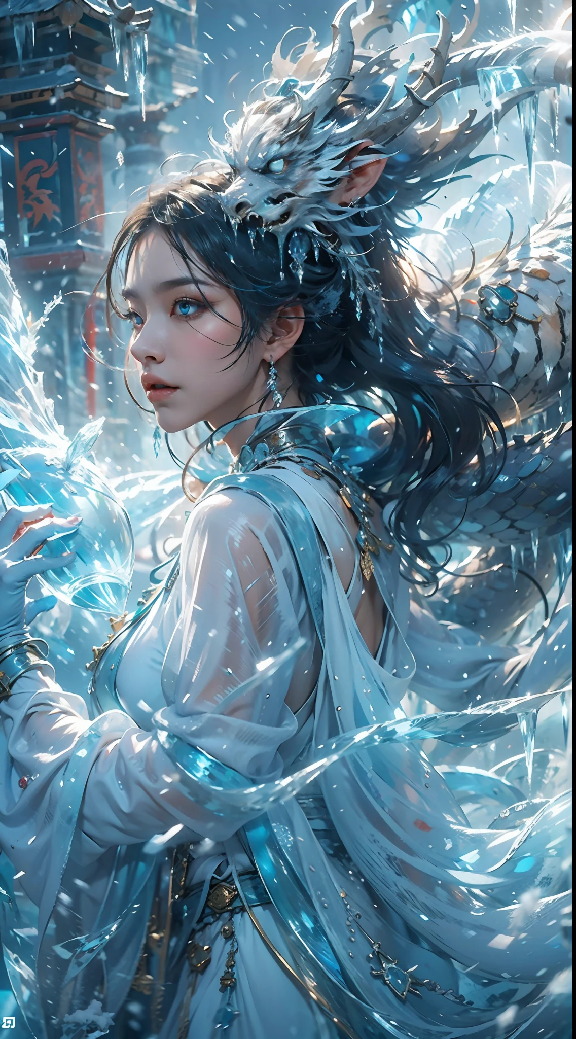 (((1girll)))，（Perfect facial features：1.4），Wearing ancient Chinese Han costumes，icey，ice wings，Splashed liquid，Wavy liquid，airbubble，standing on water，There is a huge ice dragon behind him，drak，wave，Blue glow，（Frost wings），(((Powerful ice magic)))，(((Icicles)))，Towering over the landscape，Blue light cold light，(((Ice storms)))，Wind，((Flying snow ice and snow))，Amazing results，,best qualityer,tmasterpiece,超高分辨率,finely detailled,Complicated details,8K分辨率,8KUCG wallpaper,hdr,water blue,Magic Array,Cinematic lighting effects,lightand shade contrast，Ray traching、NVIDIA RTX