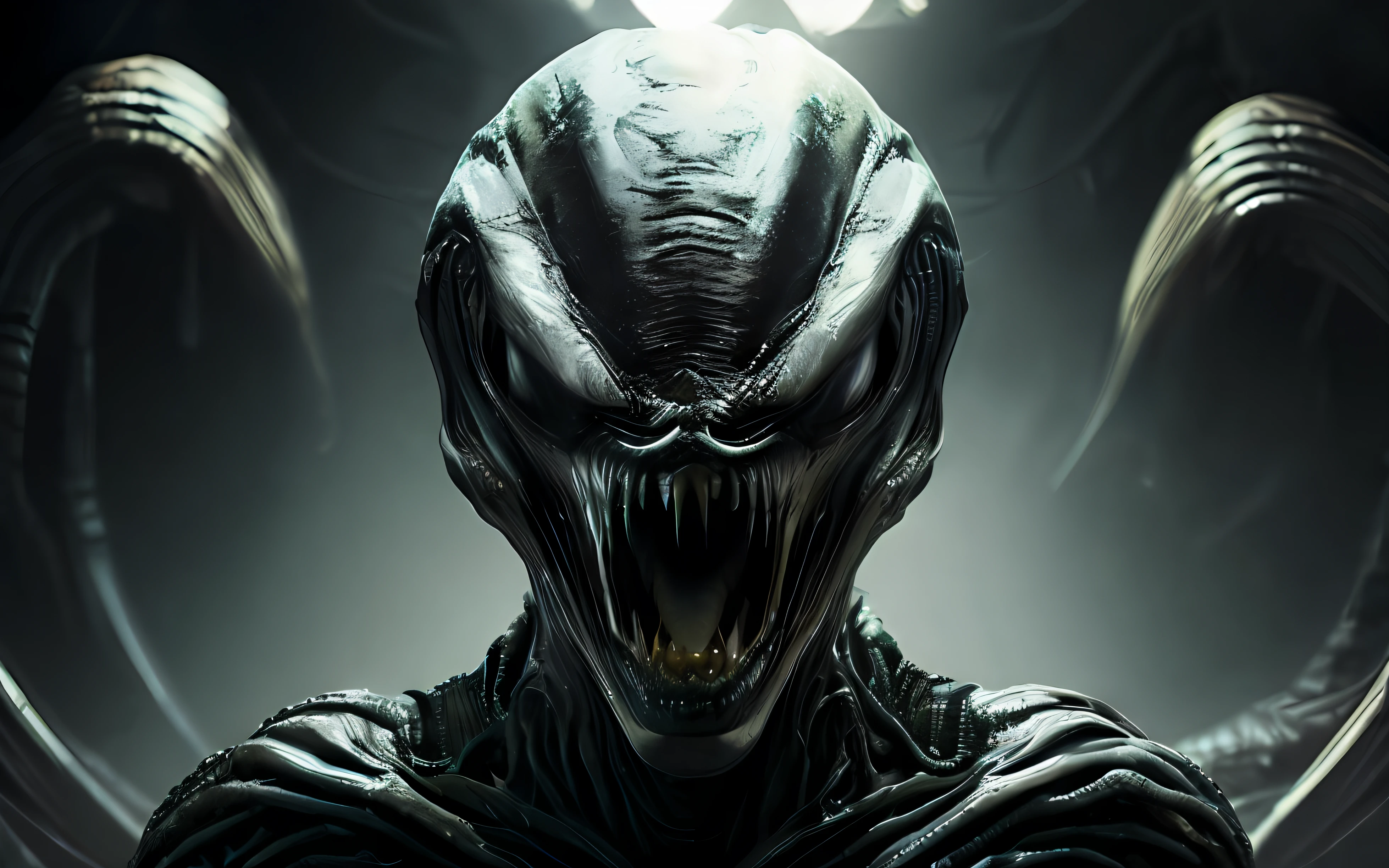 The alien from the movie 'alien', ( ( ( alien ) ) ), Xenomorfos, From the Aliens franchise, preto xenomorfo brilhante  (Cinematographic photo:1.3) de (Ultra Detalhado:1.3) alien\ (Agreement 2017\), epics, olhar raivoso, dentes afiados,olhar feroz, Dynamic Stance, acid in the mouth