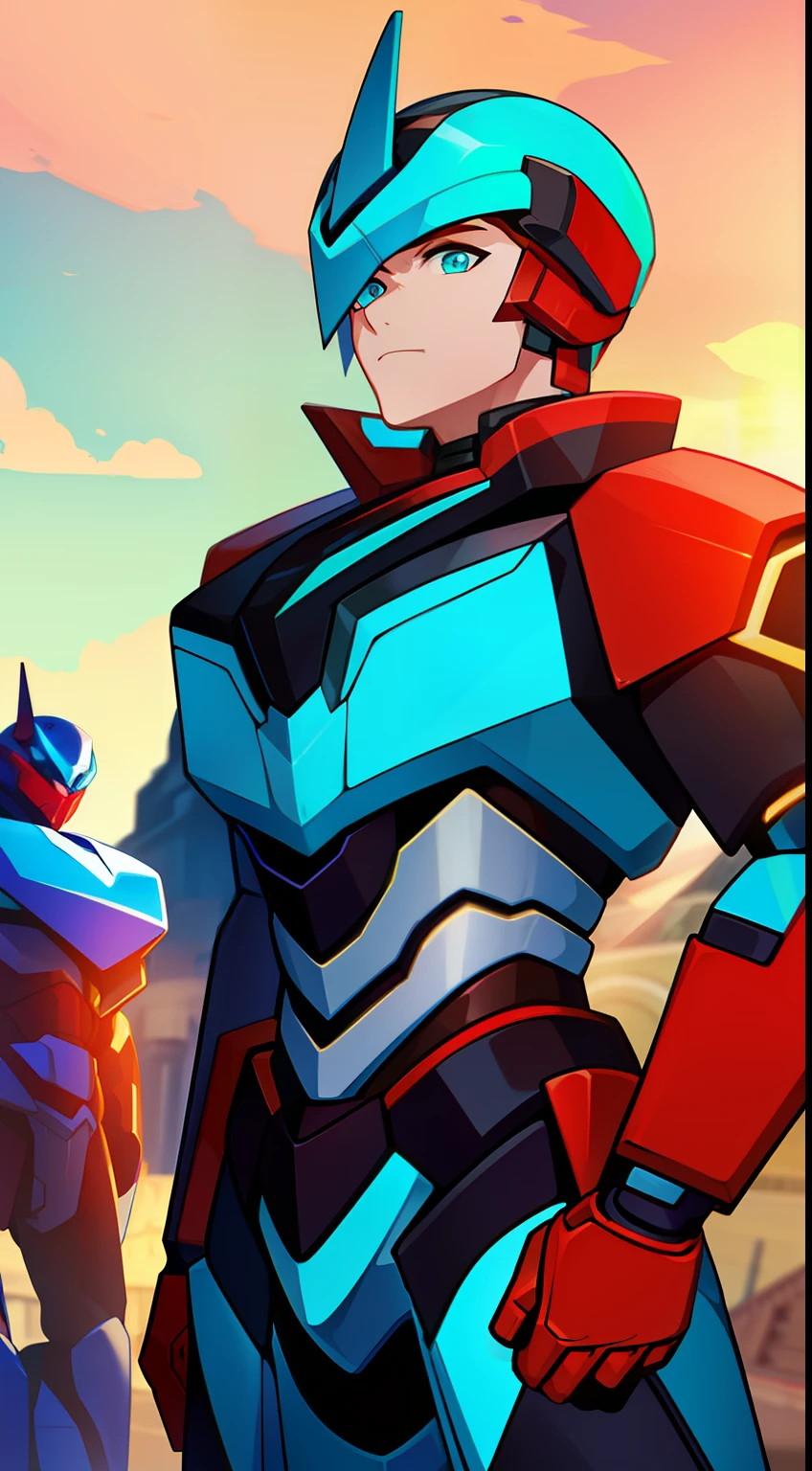Young guy, short blonde hair, Cyan eyes, Autobot's red armor, Masterpiece, hiquality