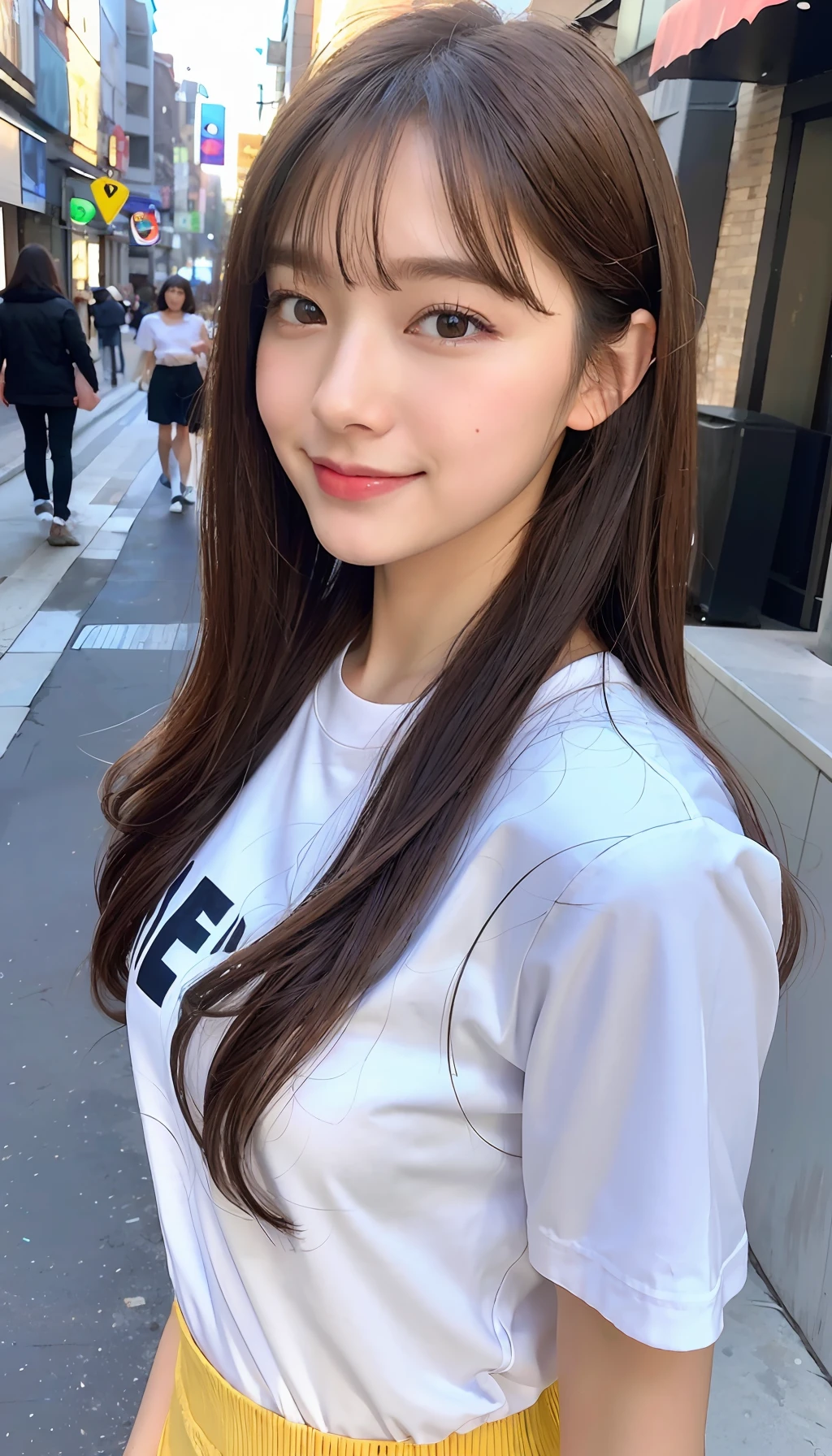 (8K、top-quality、​masterpiece、超A high resolution、High Definition Face:1.3)、portlate、(20 years girl:1.3)、Beautiful fece、kawaii、vestments、bokeh dof、frontage、 Genius genius smile, The shirt、ultra-detailliert、ultra res、(realisitic、rialistic photo:1.37)、portlate、high-definition RAW color photography、Professional Photography、highly detailed and beautiful、ighly detailed、8K Picture Wallpaper、amazing detailed、huge filesize、Official art、Highly detailed CG Unity 8K wallpapers、highly detailed beautiful girl、extra detailed face、extremely detailed eye、highlydetailed skin、extremely detailed fingers、highly detailed nose、very detailed detailed mouth、Perfect Anatomy、blurry backround、Highly detailed clothing、女の子 1 人、(18:1.2)、Teen、Cute little girl s、famous Japan idol、cute little、Realistic body、小柄、de pele branca、glistning skin、Slim body、Handsome body、brown haired、Semi-long hair、(Blunt bangs:1.2)、Curly hair、A smile、kawaii、zora々Right、kawaii faces、Lifelike face、Delicat eyes、Sauce order、White T-shirt、skirt by the、耳Nipple Ring、Looking at the camera、cowboy  shot、street、front facing、Contrapo、public